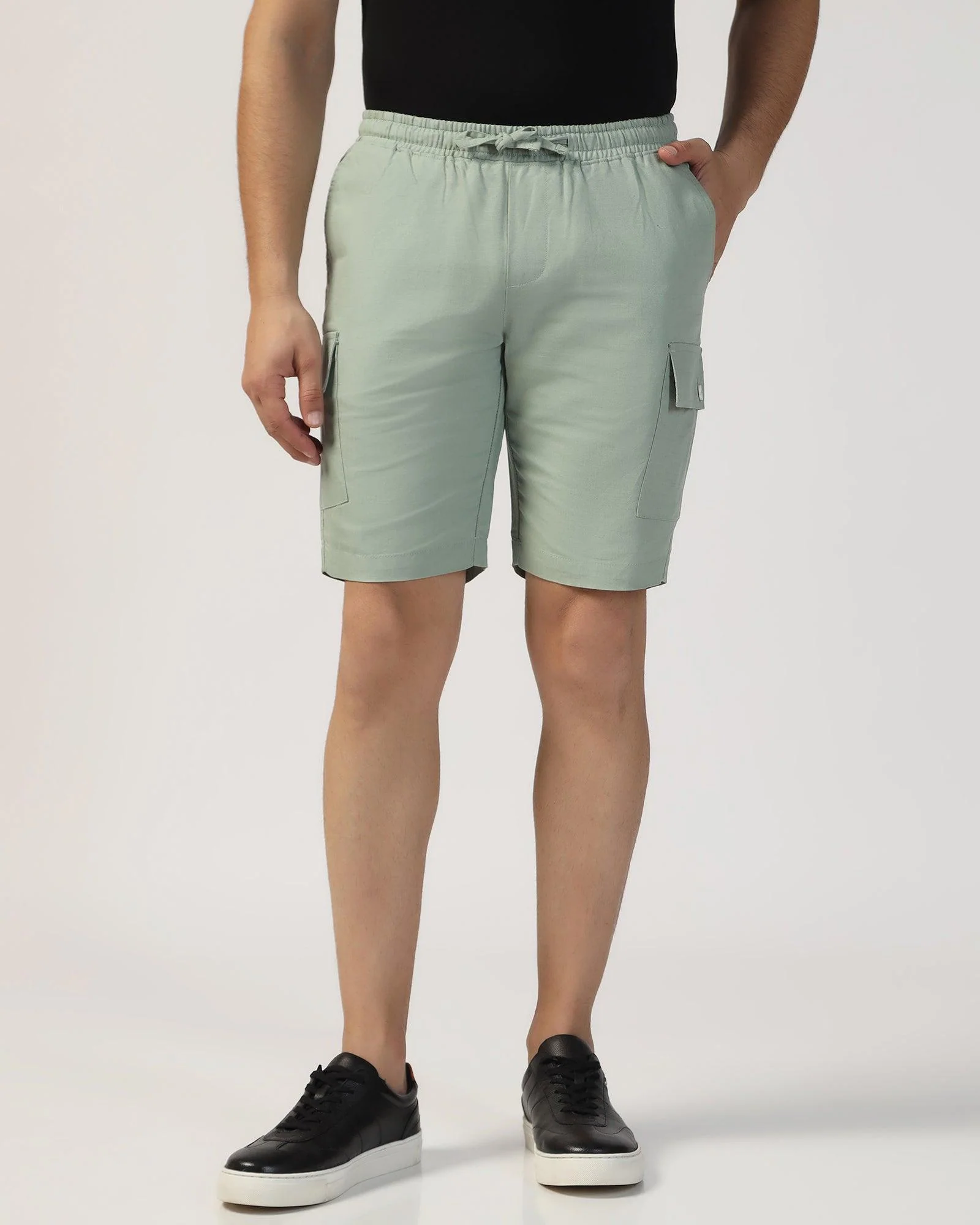 Linen Casual Green Solid Shorts - Kin - Image 3