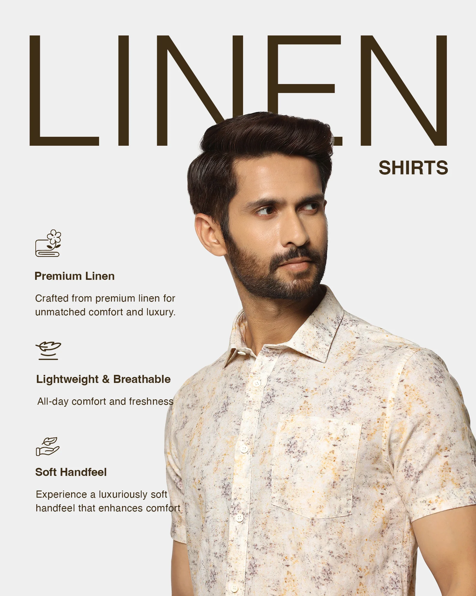 Linen Casual Half Sleeve Beige Printed Shirt - Gabin - Image 4
