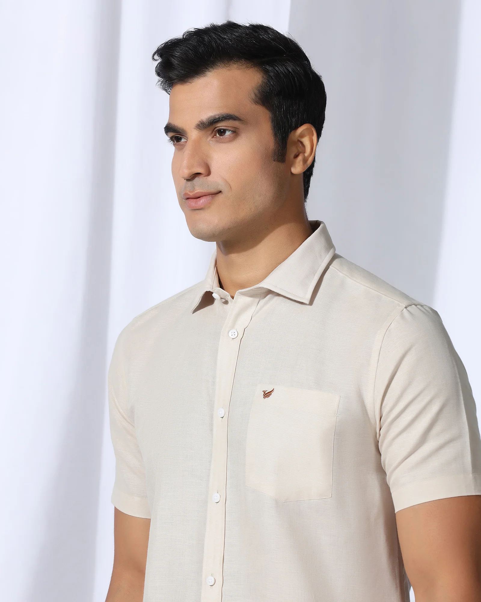 Linen Casual Half Sleeve Natural Solid Shirt - Salmon - Image 4