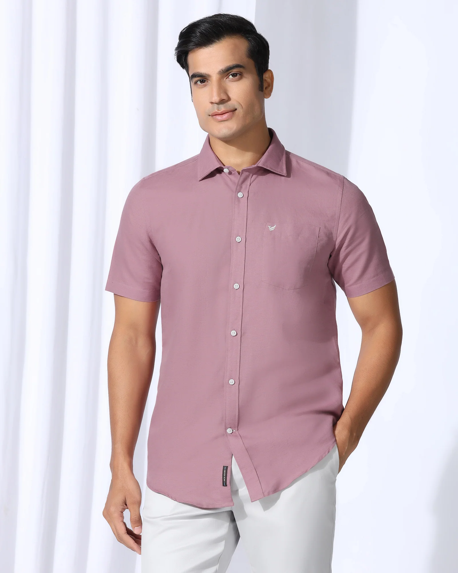 Linen Casual Half Sleeve Pink Solid Shirt - Salmon - Image 2