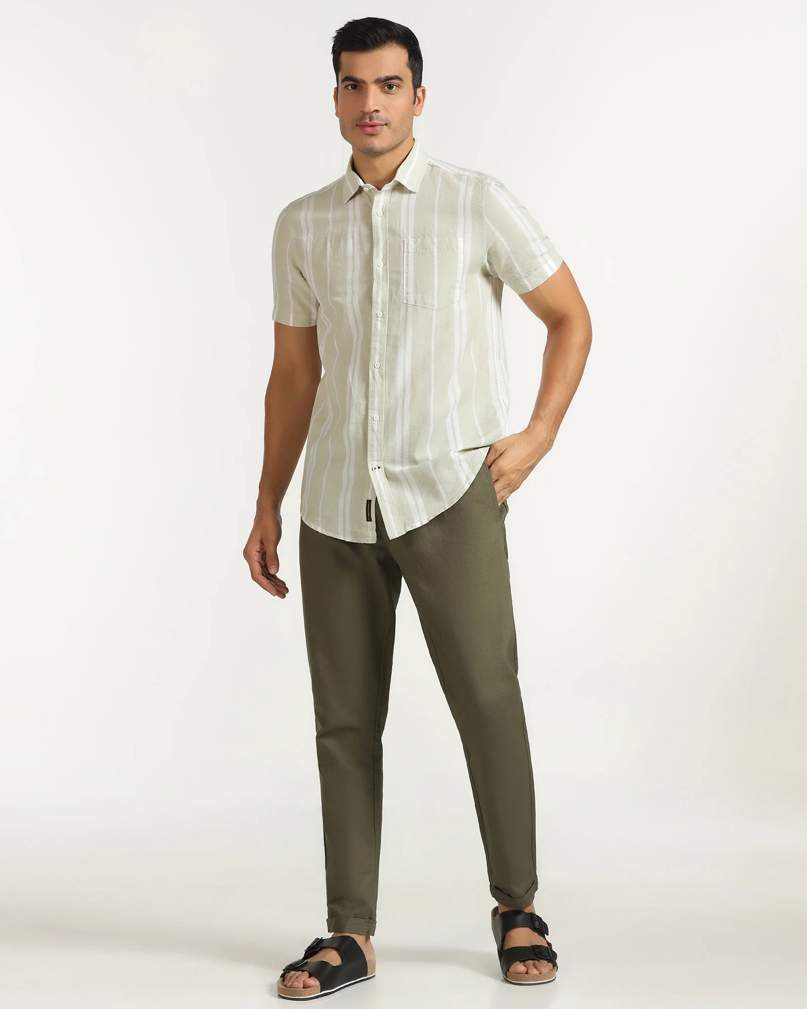 Linen Casual Half Sleeve Pistachio Stripe Shirt - breton - Image 9