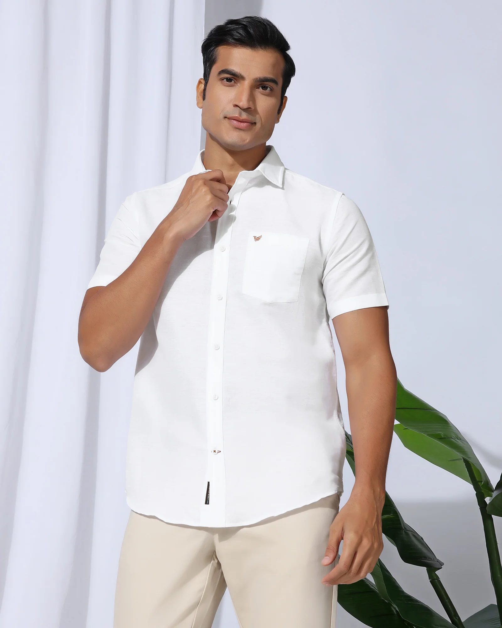 Linen Casual Half Sleeve White Solid Shirt - Salmon - Image 8