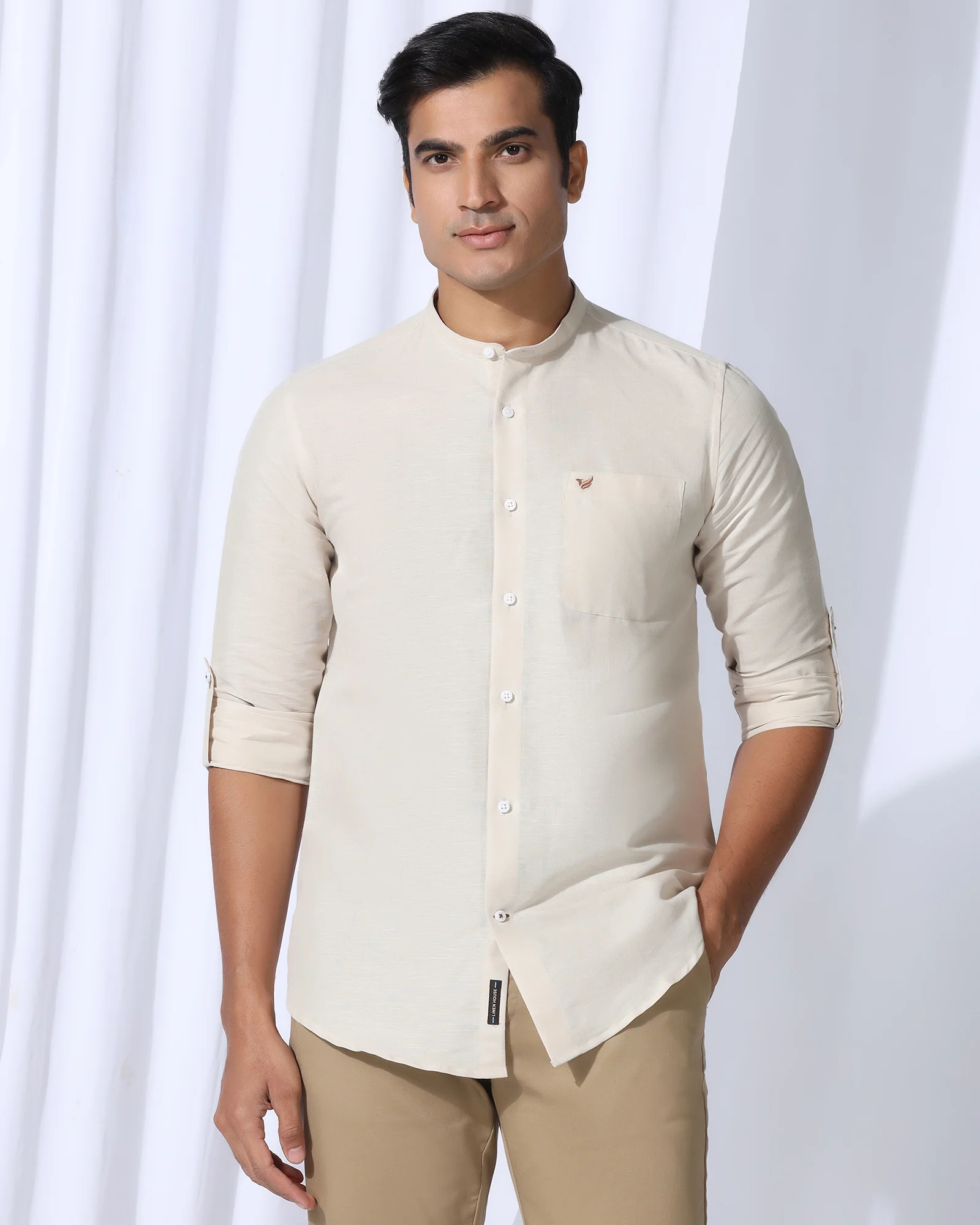 Linen Casual Natural Solid Shirt - Salmon - Image 8
