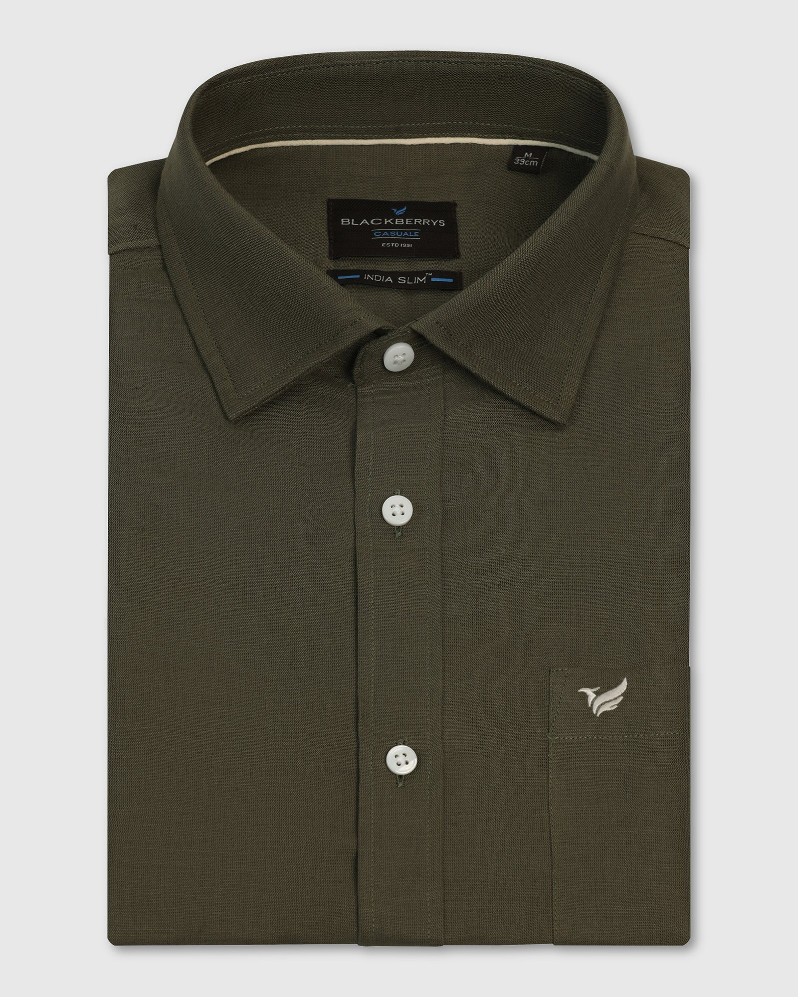 Linen Casual Olive Solid Shirt - Salmon - Image 5