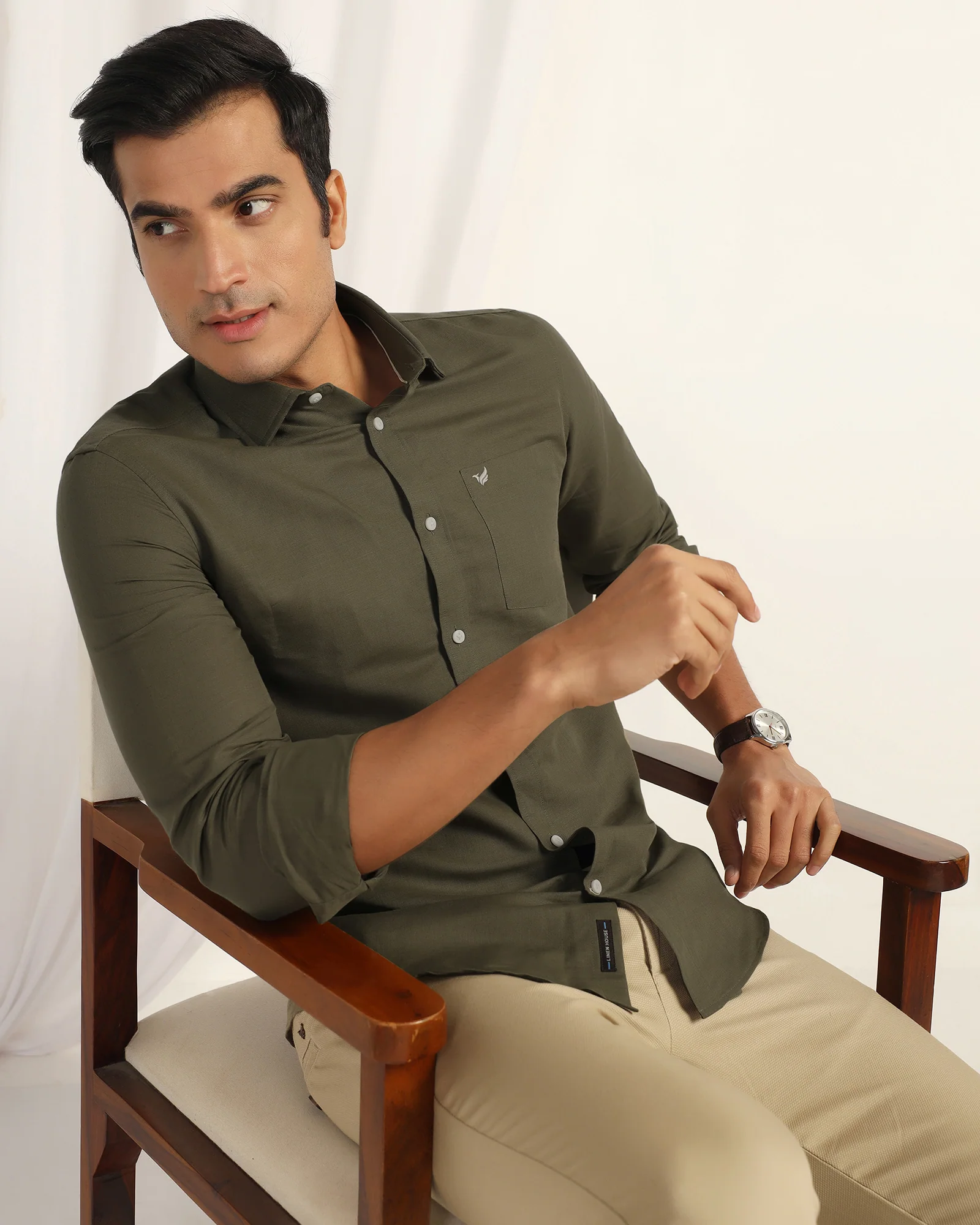 Linen Casual Olive Solid Shirt - Salmon - Image 7