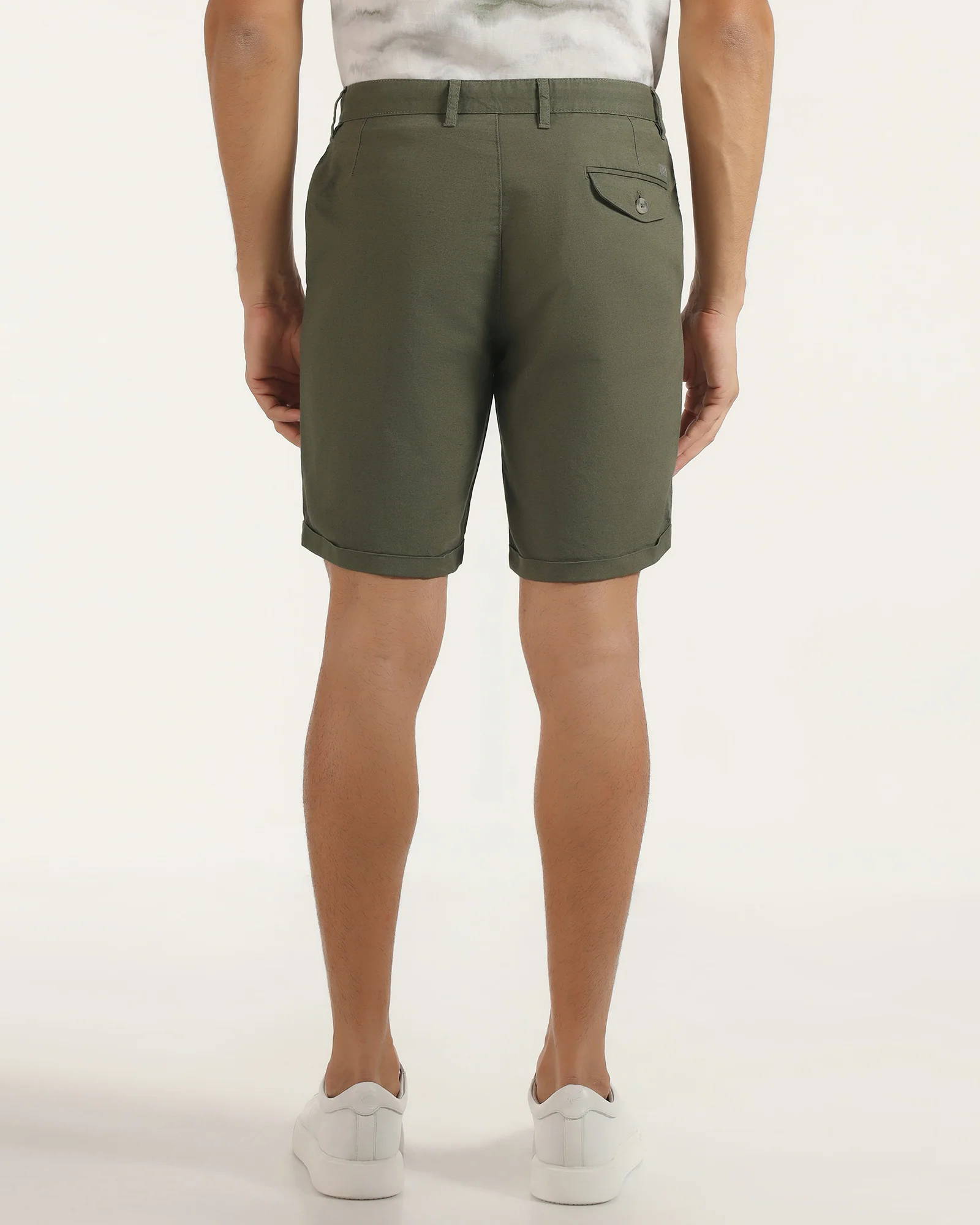 Linen Casual Olive Solid Shorts - Kat - Image 2