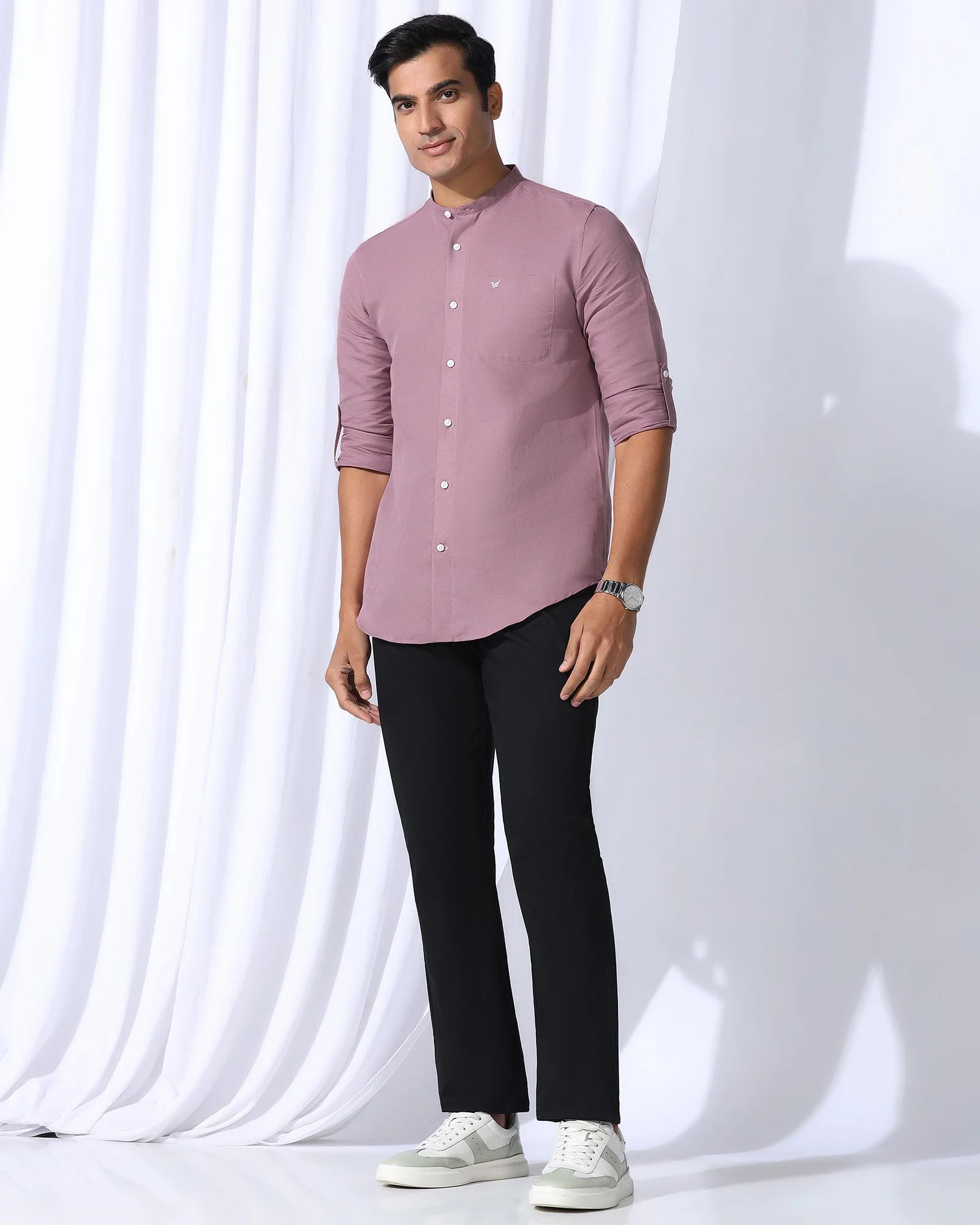 Linen Casual Pink Solid Shirt - Salmon - Image 7