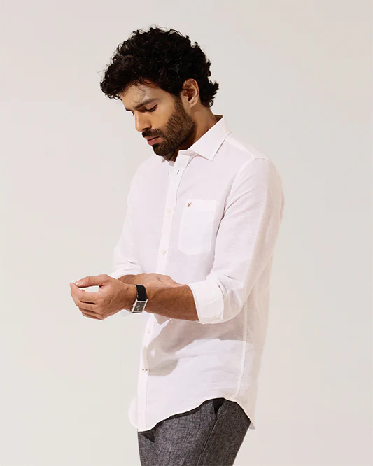 Linen Casual White Solid Shirt - Salmon
