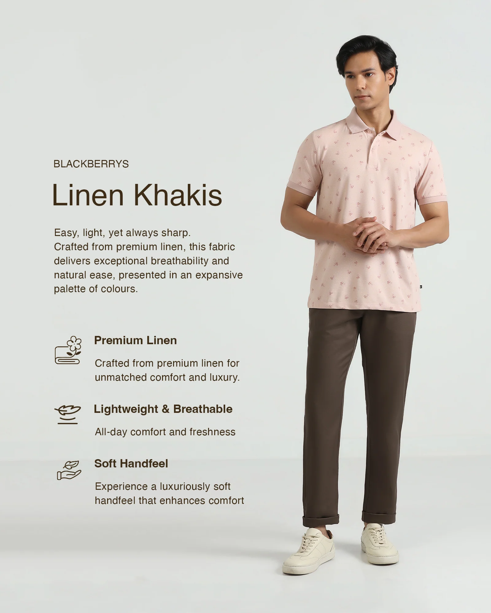 Linen Slim Comfort B-95 Casual Brown Solid Khakis - Edwin - Image 3
