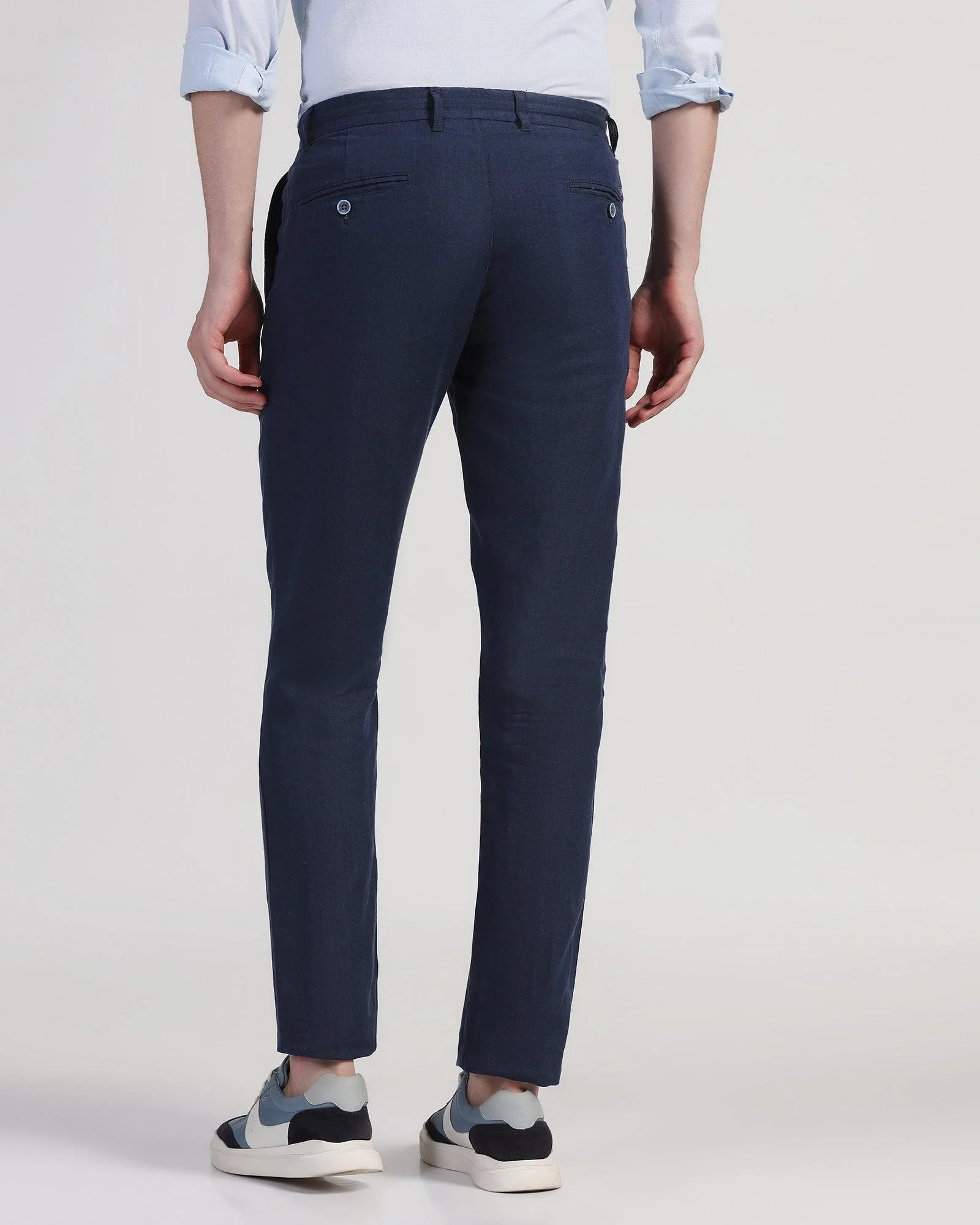 Linen Slim Comfort Casual Navy Solid Khakis - Silver - Image 2