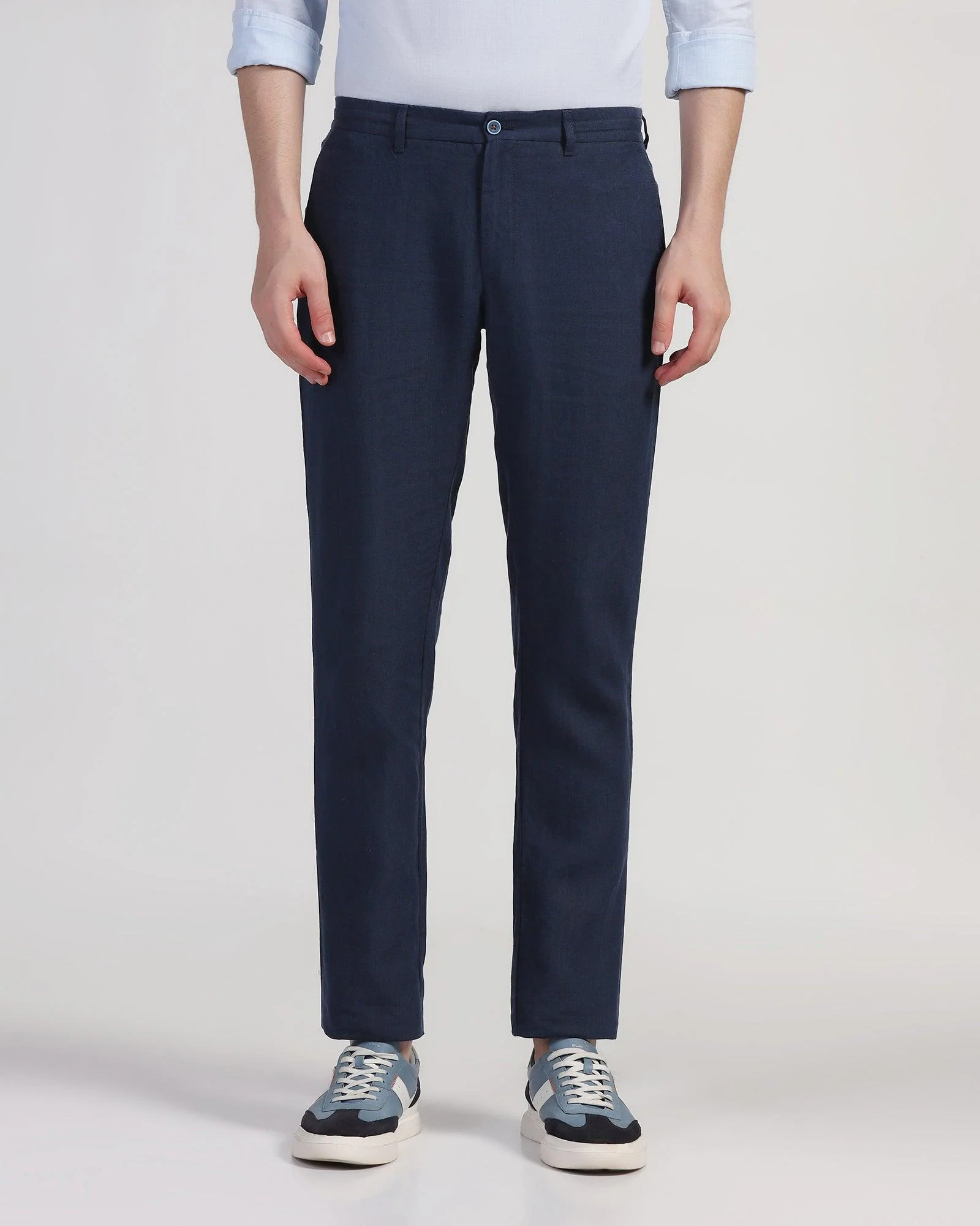 Linen Slim Comfort Casual Navy Solid Khakis - Silver - Image 3