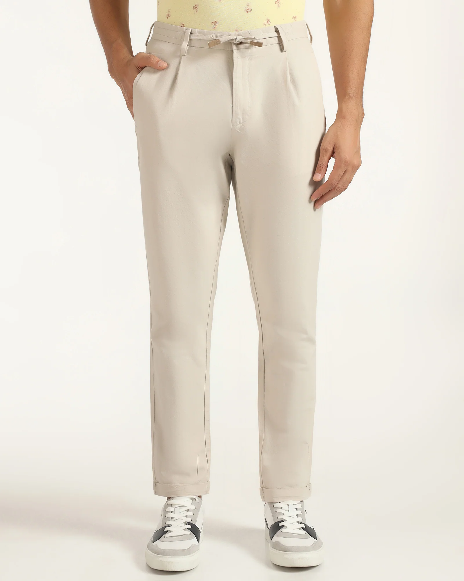Linen Sneaker Fit Casual Beige Solid Khakis - Kinston - Image 3
