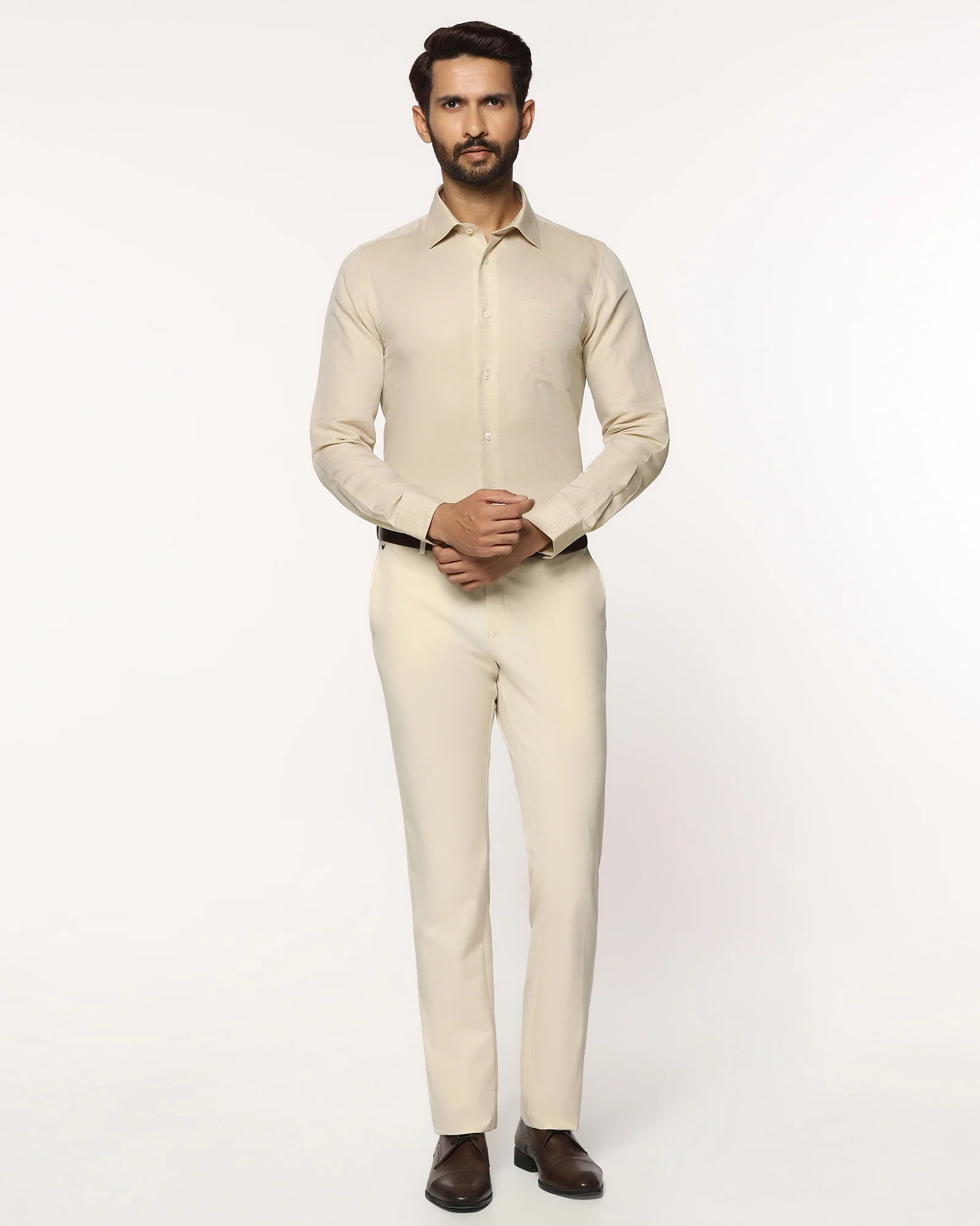 Luxe Linen Formal Beige Textured Shirt - Veltry - Image 3