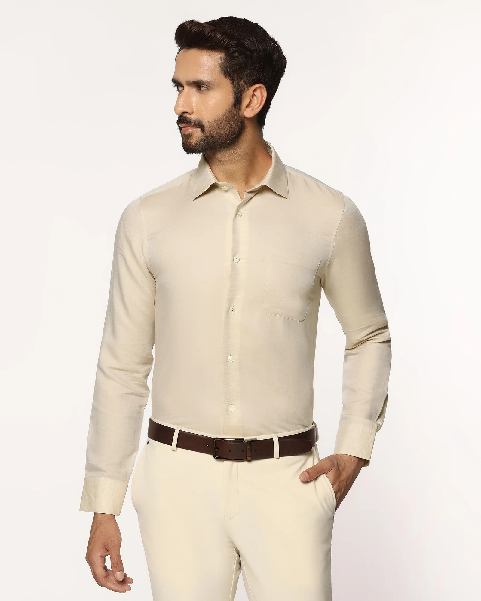 Luxe Linen Formal Beige Textured Shirt - Veltry - Image 8