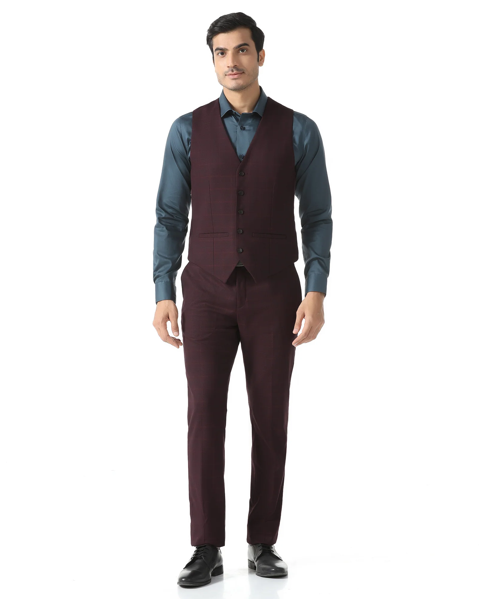 Maroon Three Piece Check Suit - Qester - Image 5
