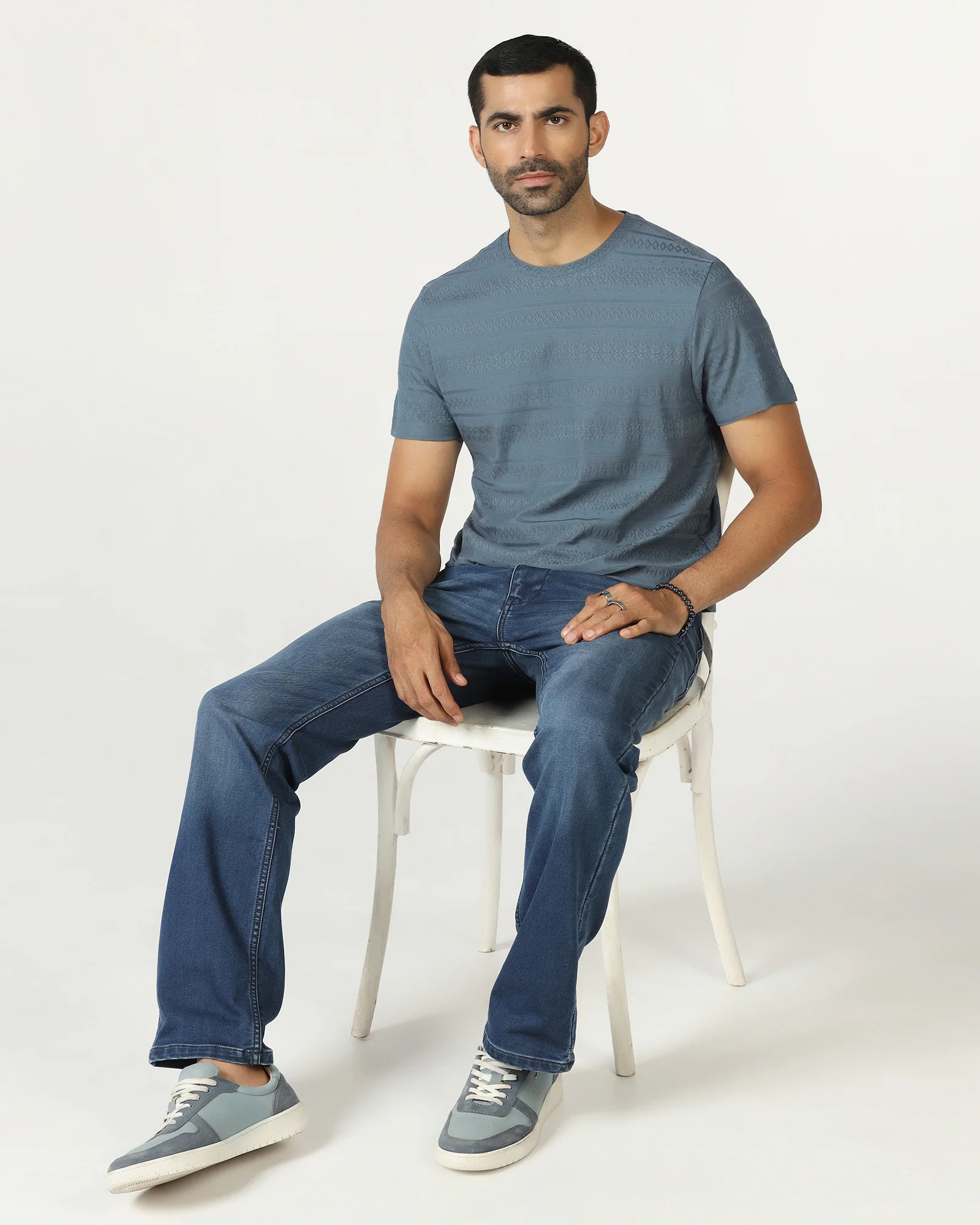 Mid Blue Crew Neck Textured T-Shirt - Lep - Image 7