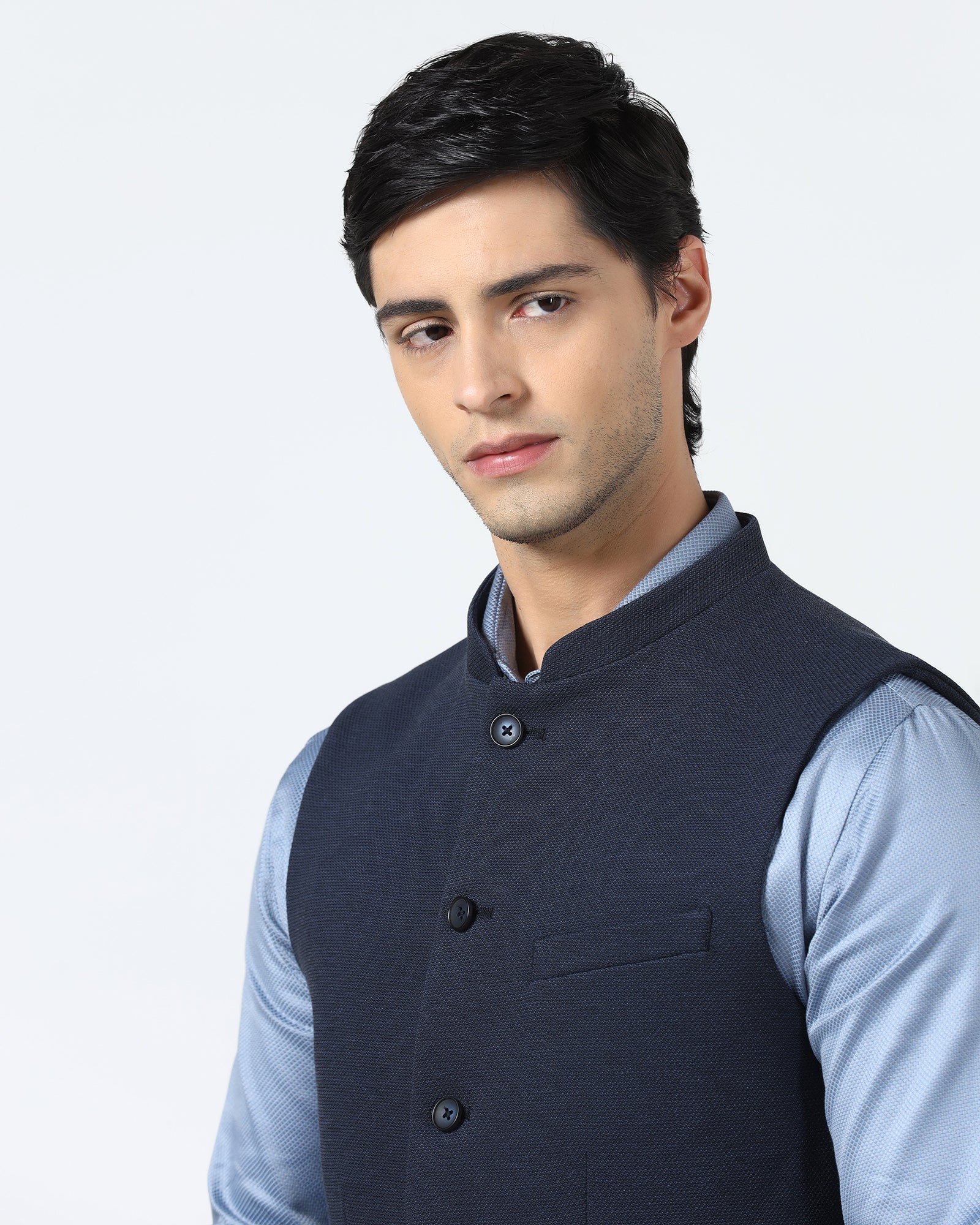 Navy Bandhgala Textured Waistcoat - Levon - Image 4