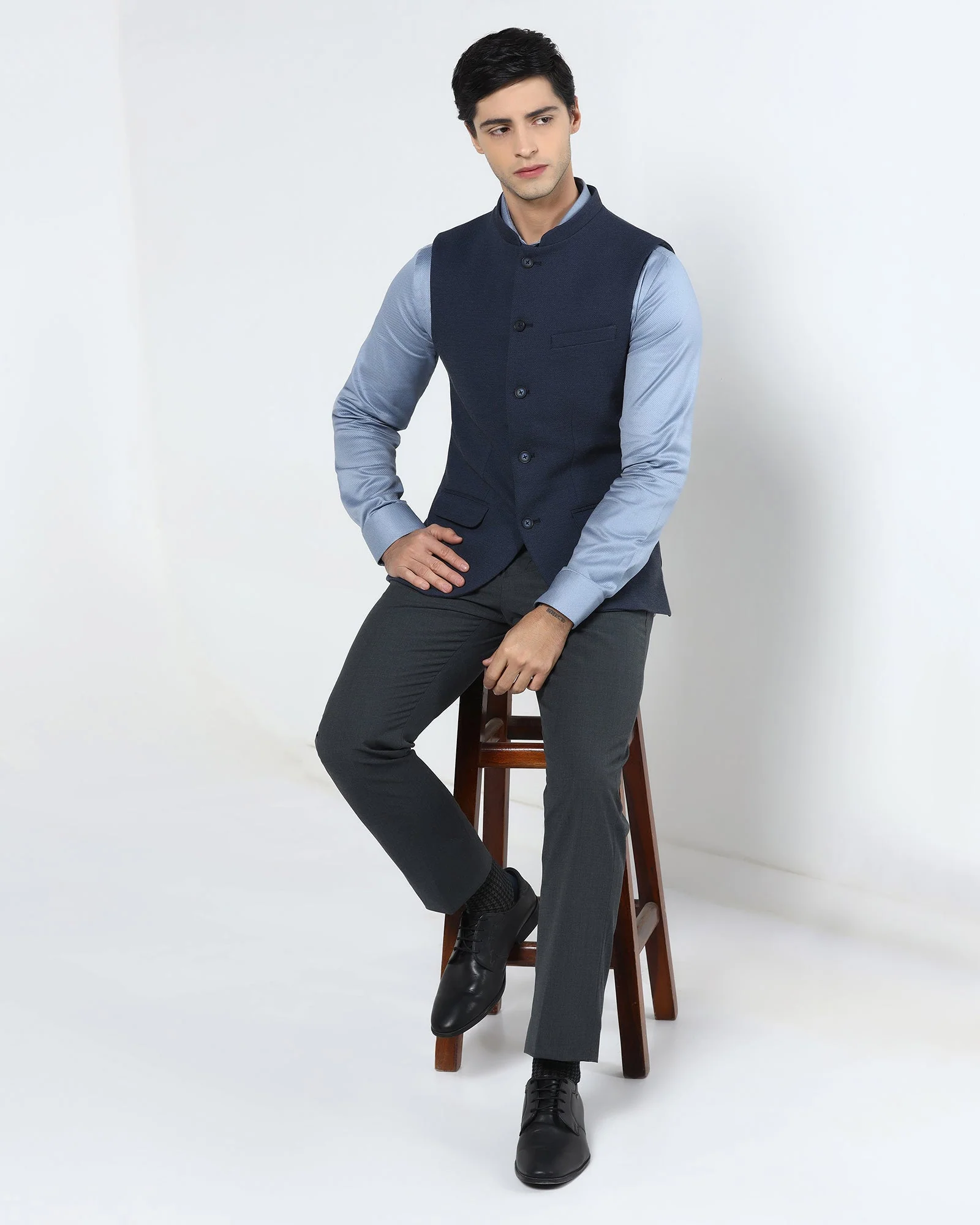Navy Bandhgala Textured Waistcoat - Levon - Image 6