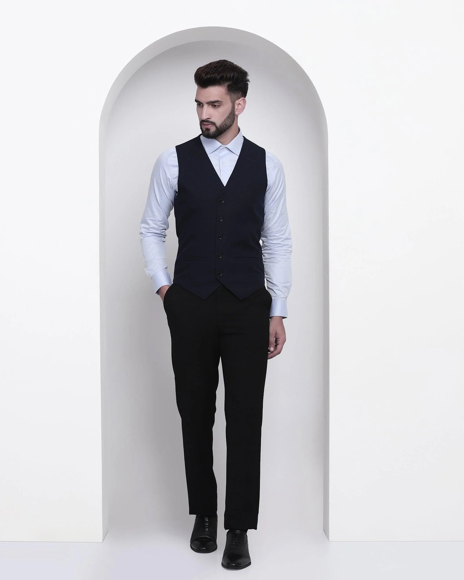 V-Neck Formal Navy Jacquard Waistcoat - Tereno - Image 3