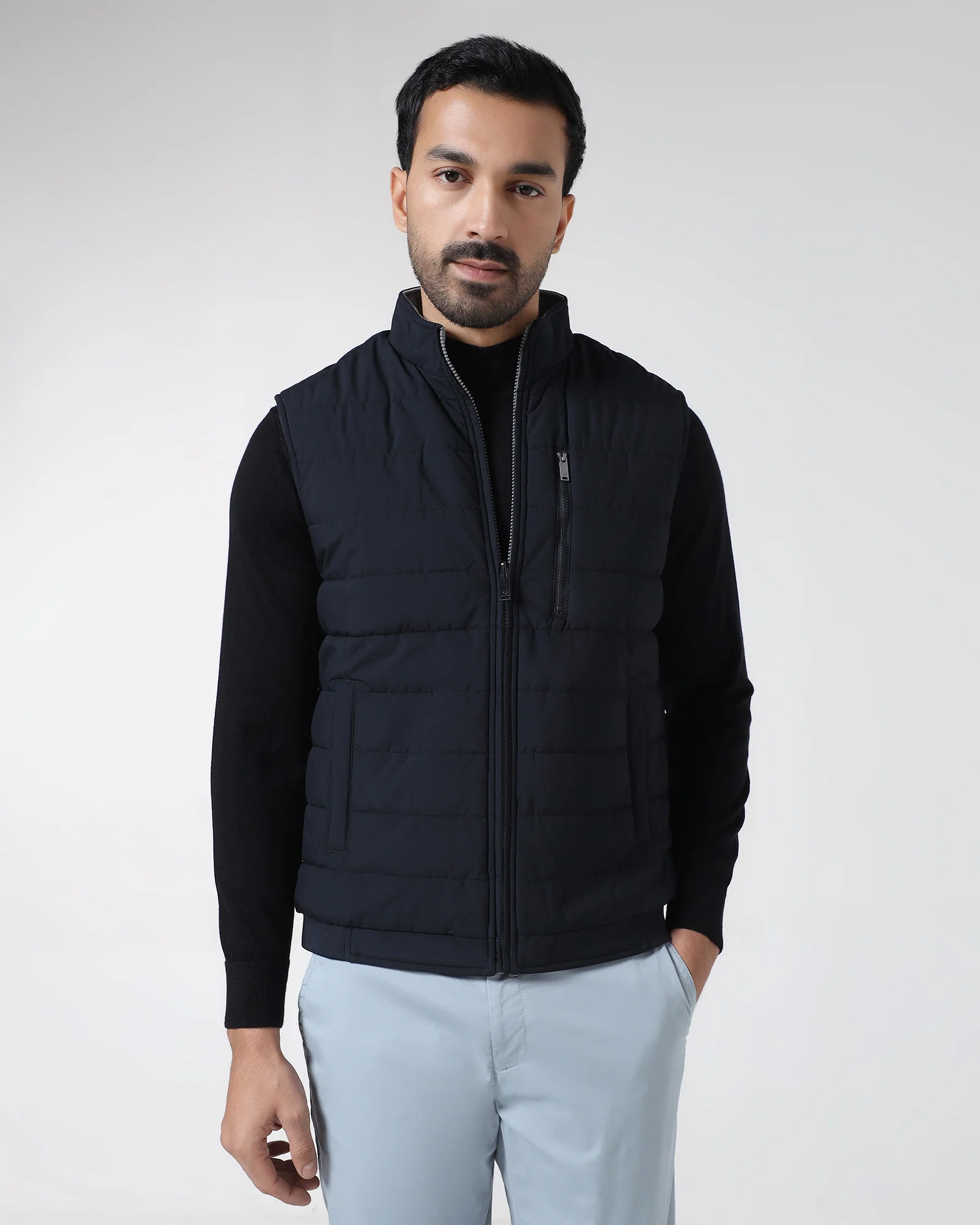 Navy Reversible Solid Zipper Jacket - Zietro