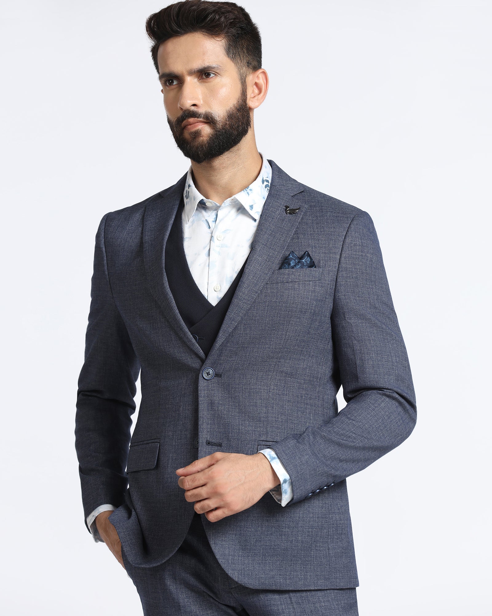 Navy Three Piece Textured Suit - Zyme - Image 9