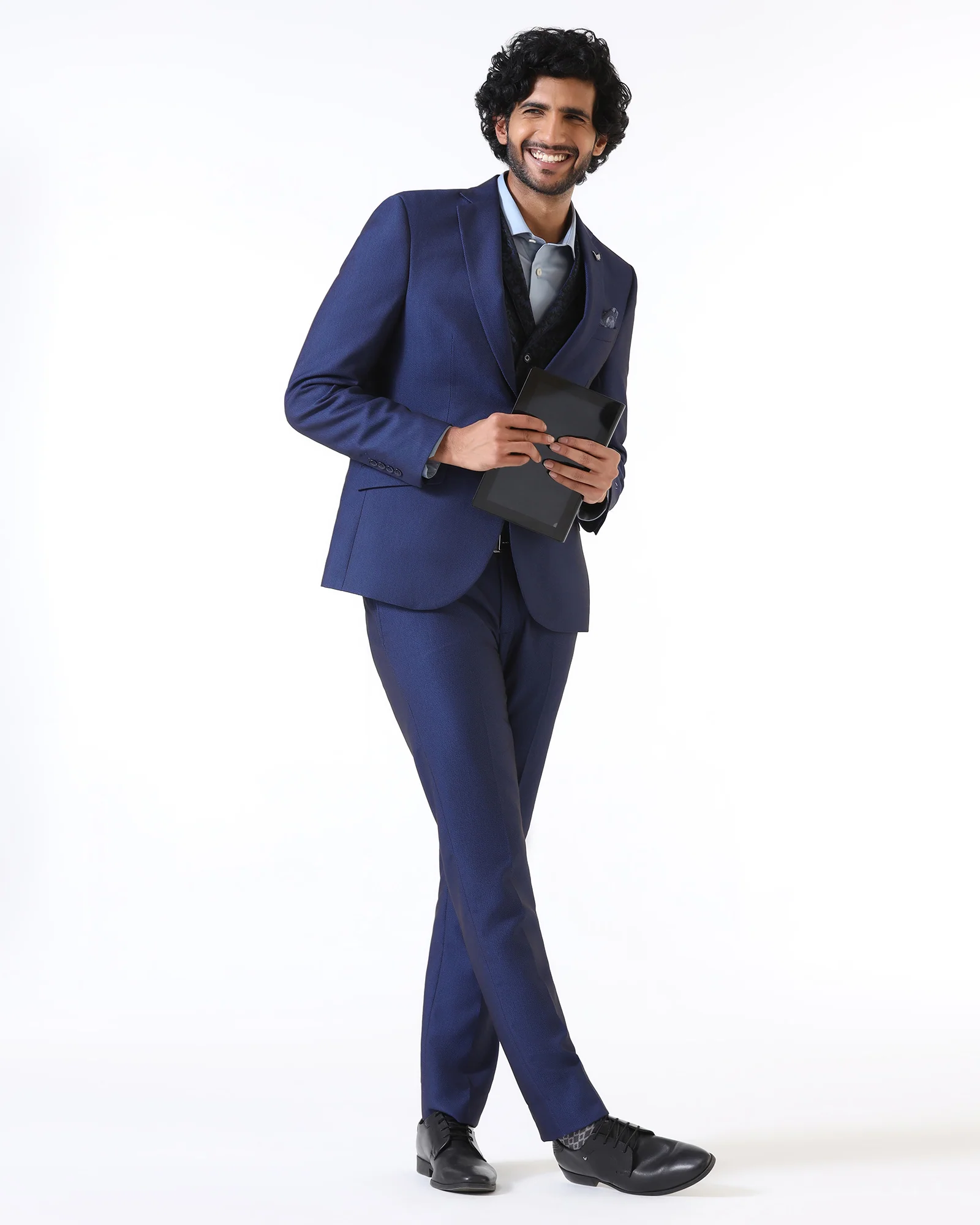 Navy Three Piece Textured Suit - Opto - Image 3
