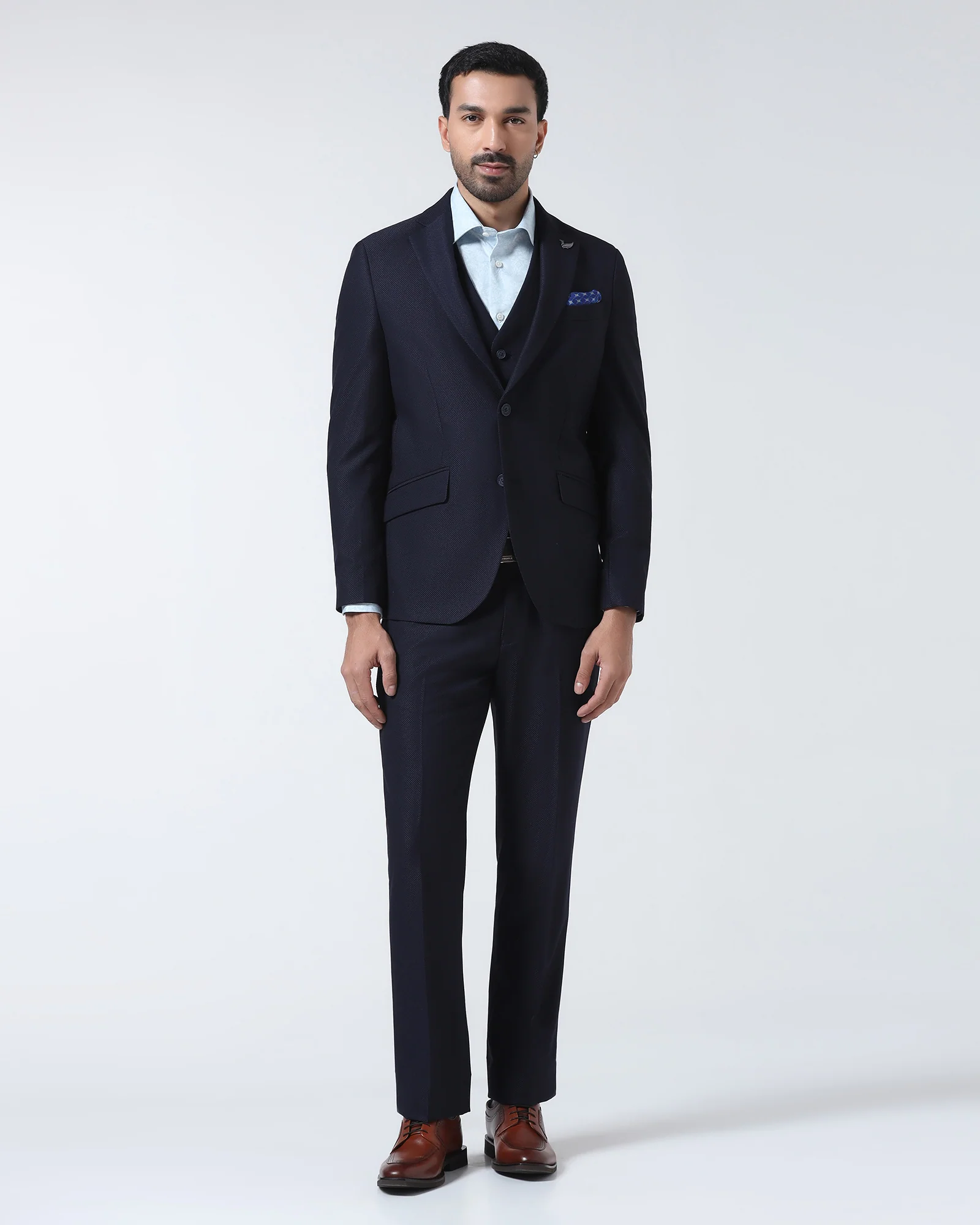 Navy Three Piece Textured Suit - Zeny - Image 3