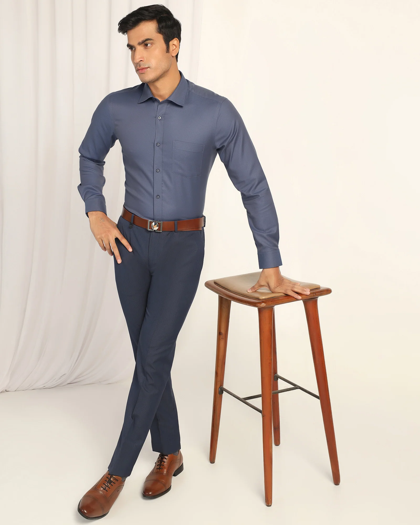 Non Iron Formal Mid Blue Textured Shirt - Bridge - Image 7