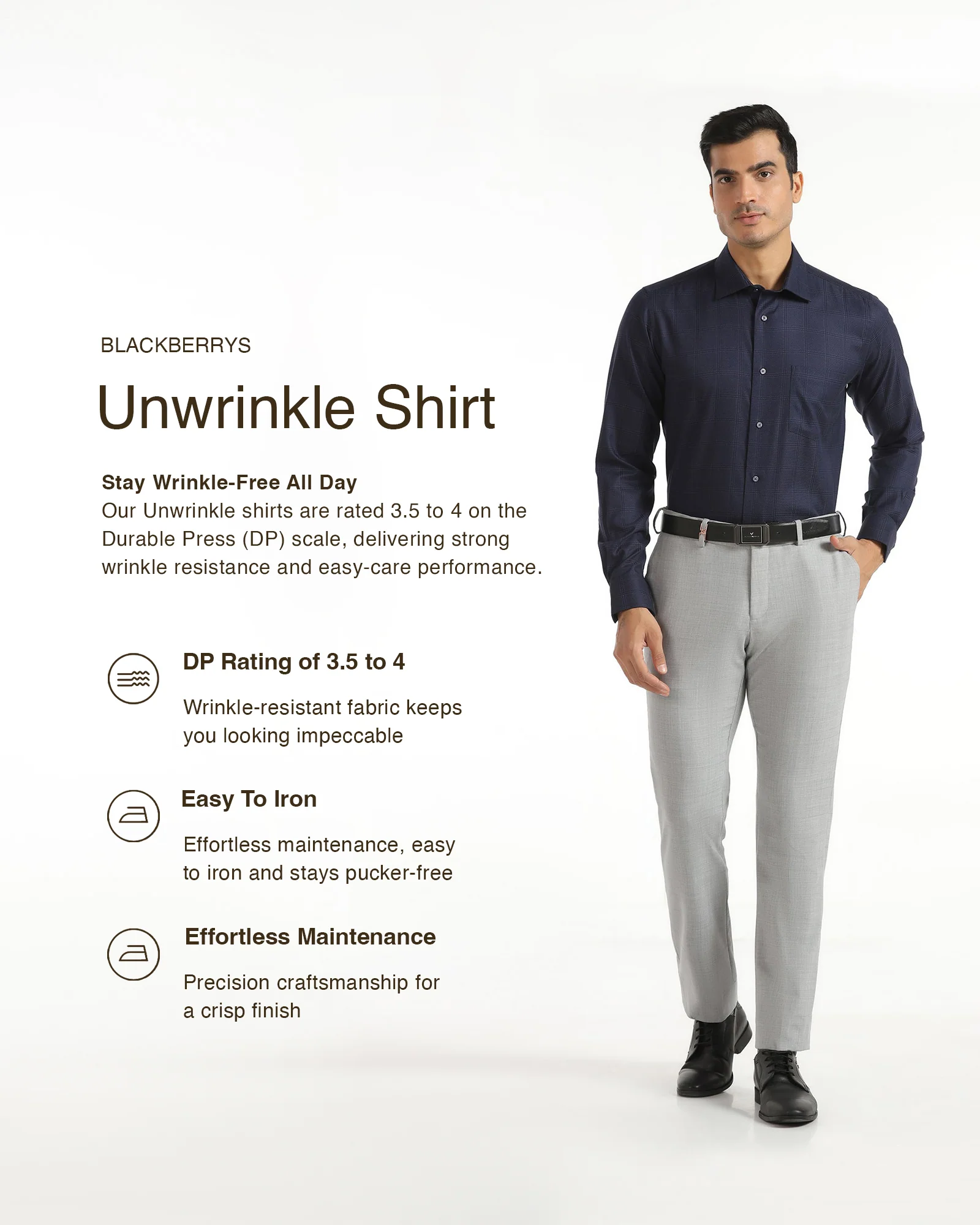 Non Iron Formal Navy Check Shirt - Wolf - Image 3