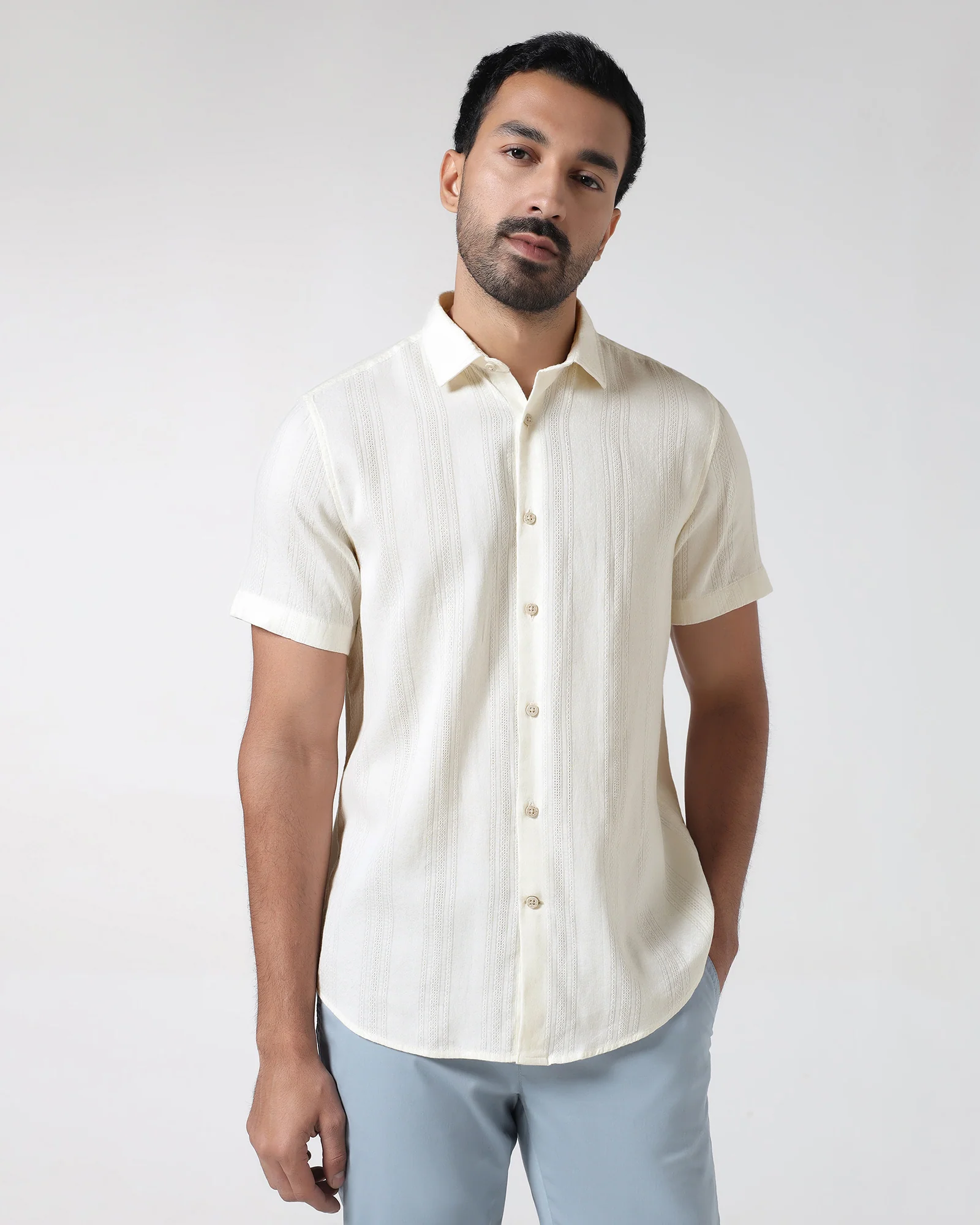Off White Half Sleeve Textured Shirt - Lambo - Image 8