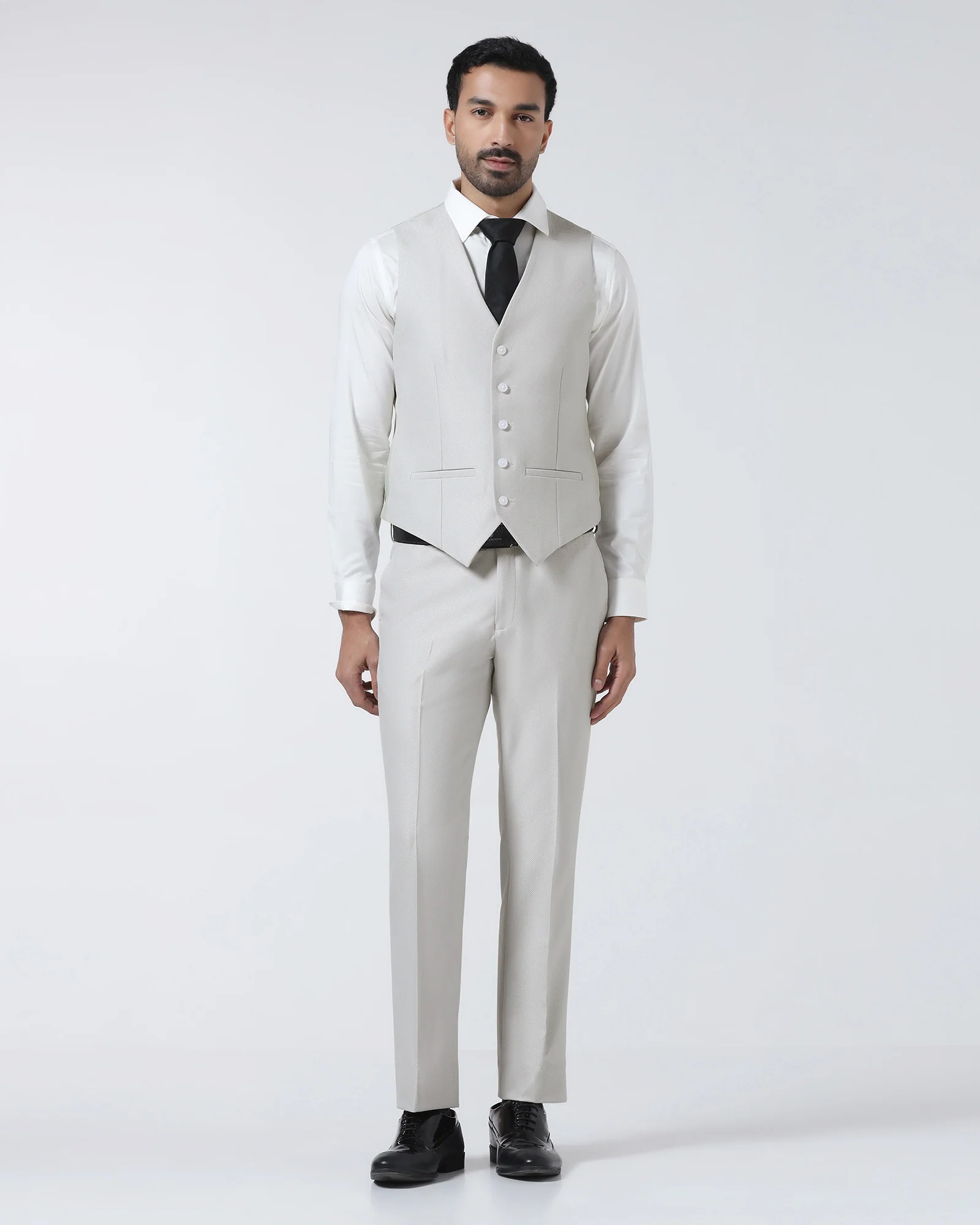 Off White Three Piece Textured Suit - Zeny - Image 5