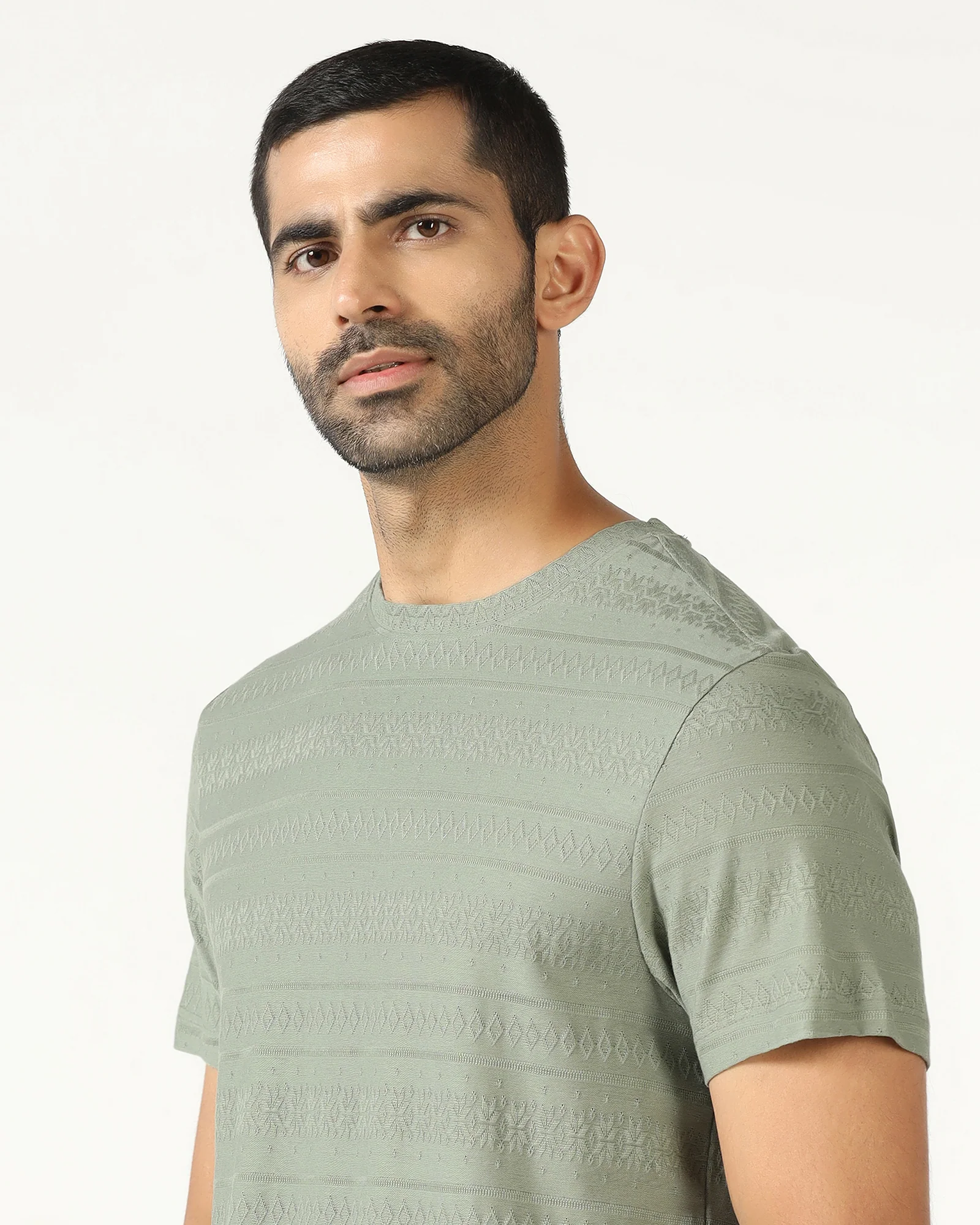 Olive Crew Neck Textured T-Shirt - Lep - Image 4
