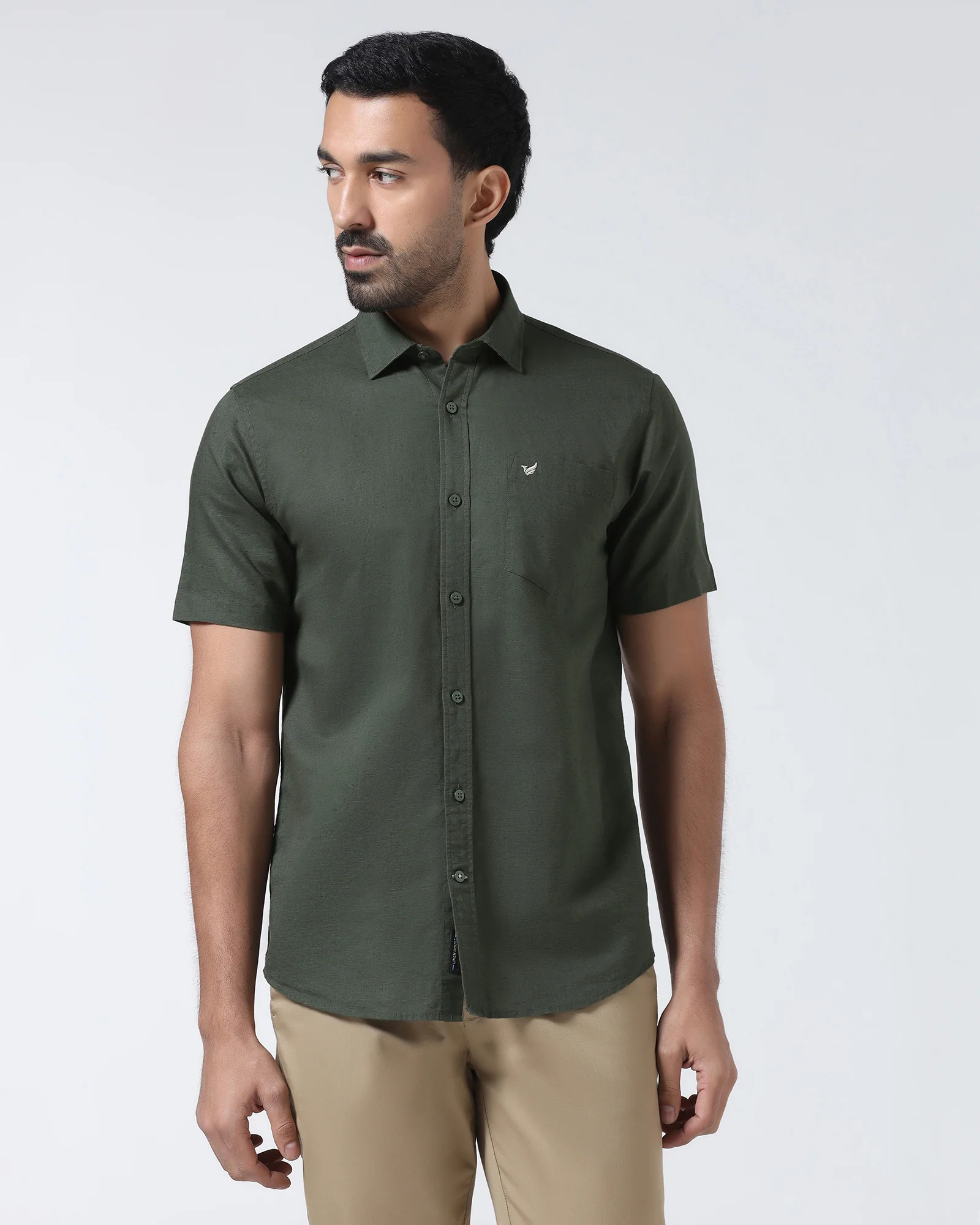 Olive Half Sleeve Linen Solid Shirt - Cleo - Image 8