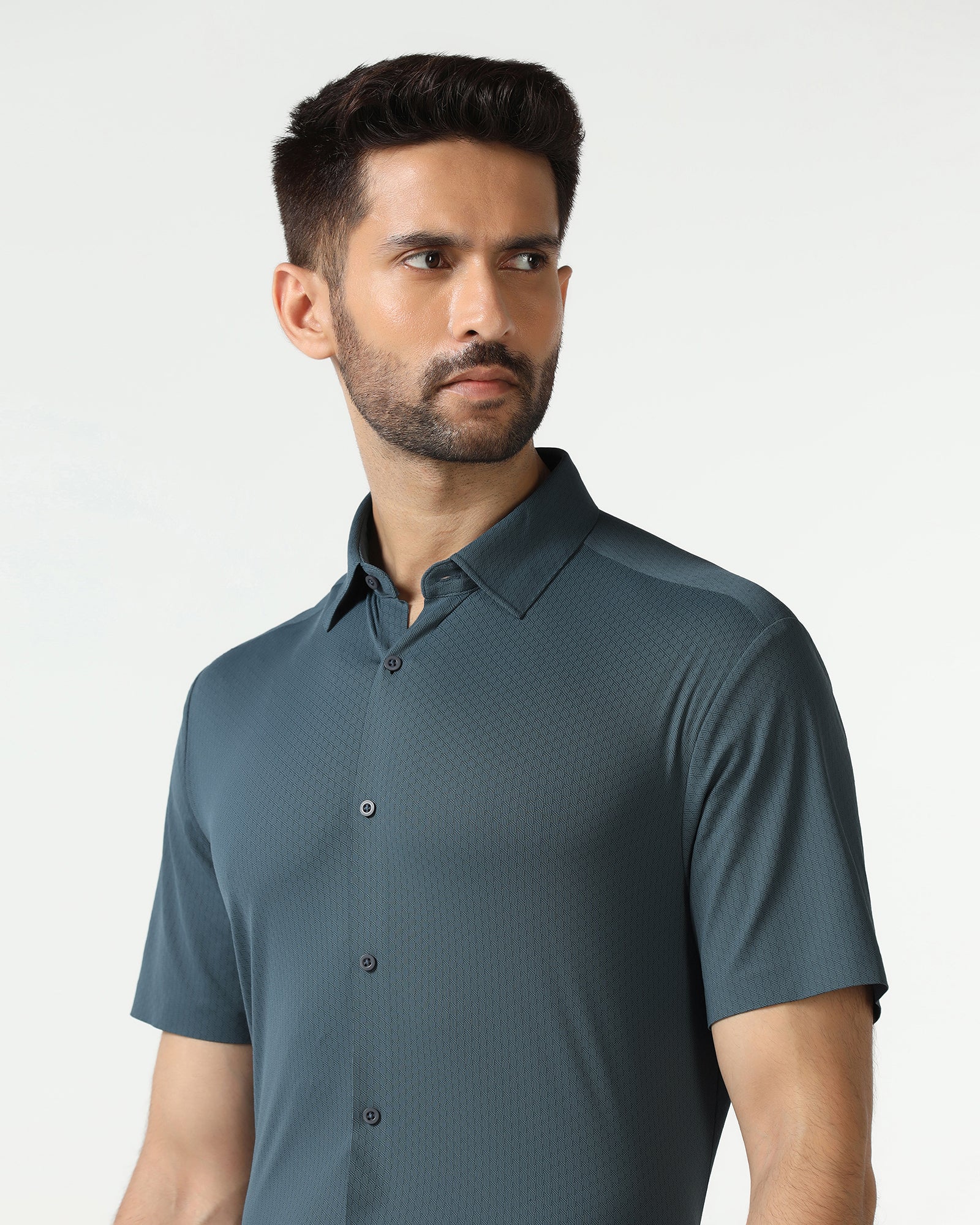 Petrol Blue Half Sleeve TechPro Textured Shirt - Hurton - Image 4