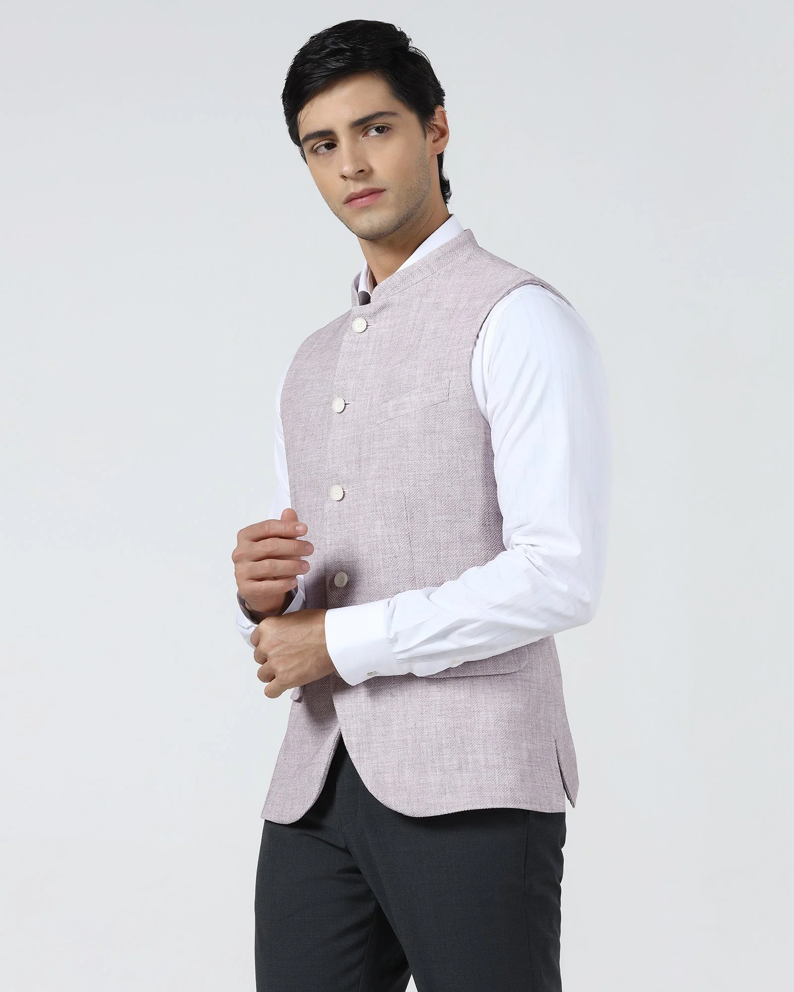 Pink Bandhgala Textured Waistcoat - Cadens - Image 6