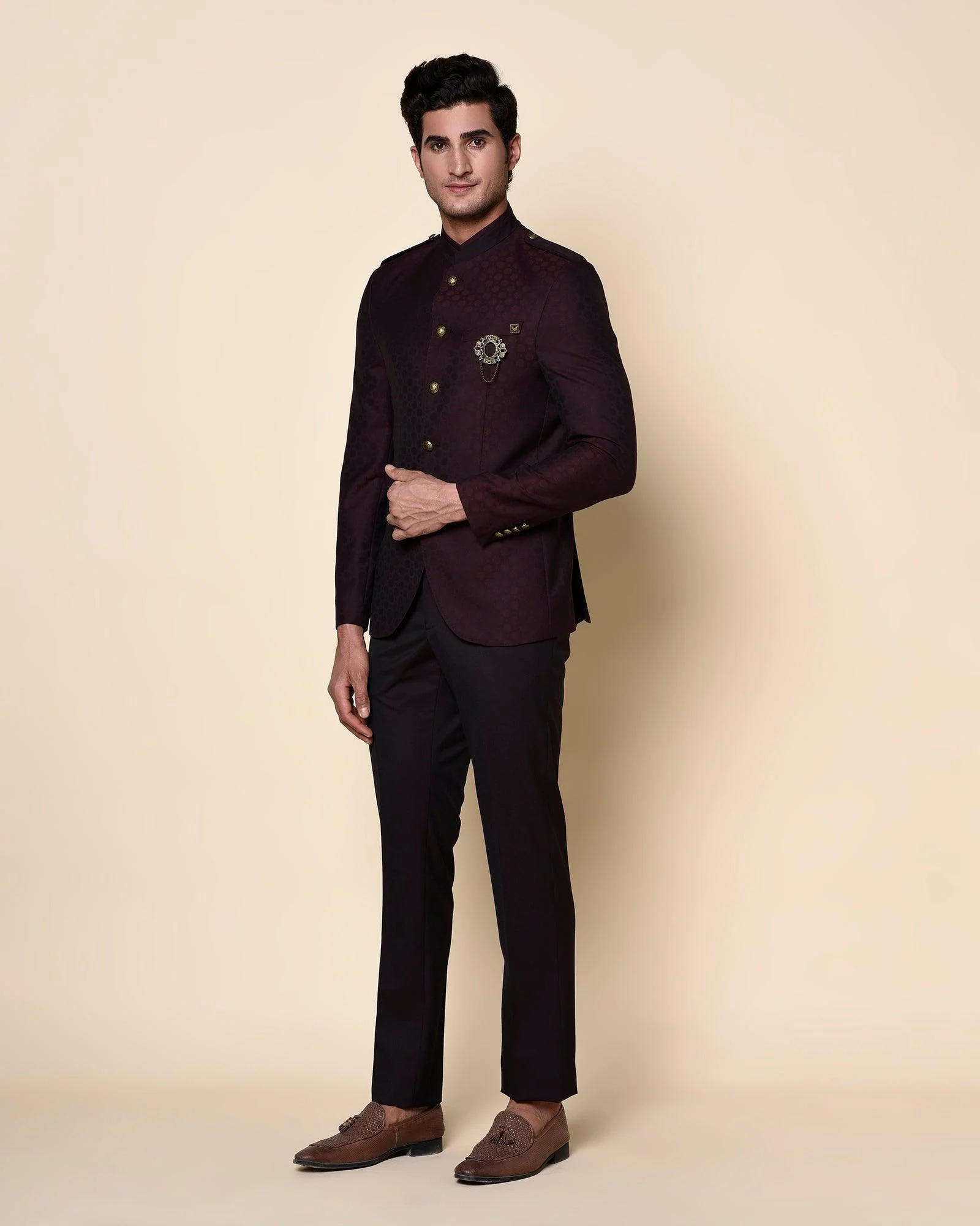 Wine Swarn Solid Achkan Set - Pold