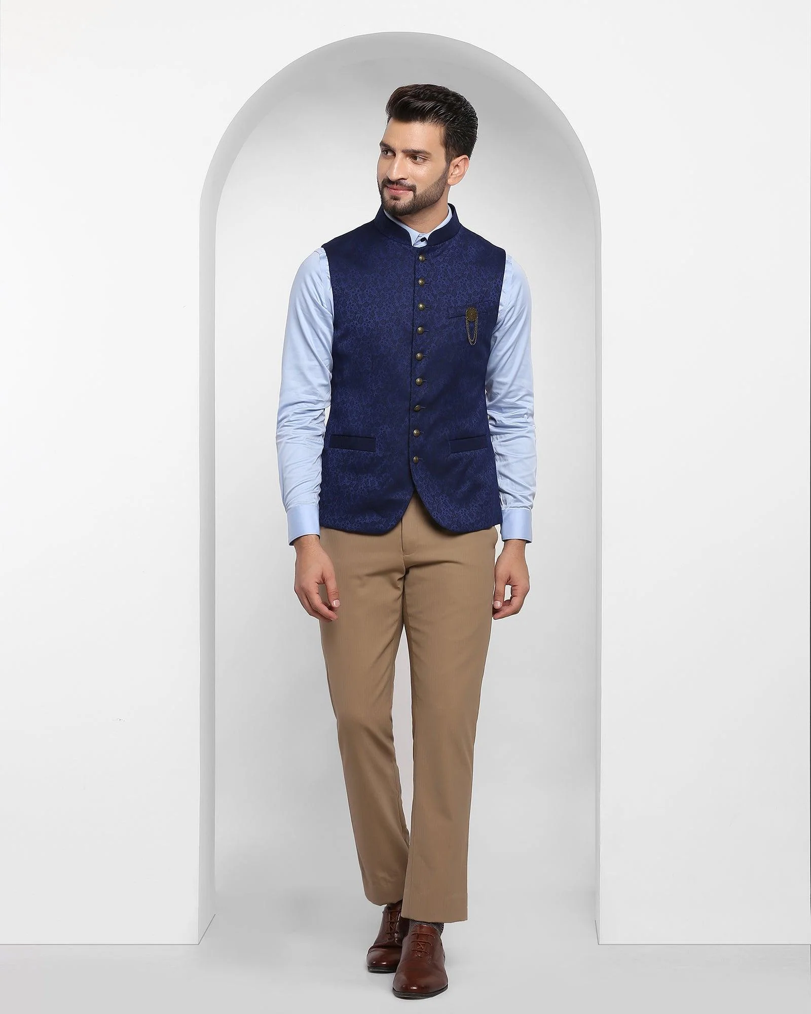 Bandhgala Formal Navy Jacquard Waistcoat - Jacqlin - Image 3