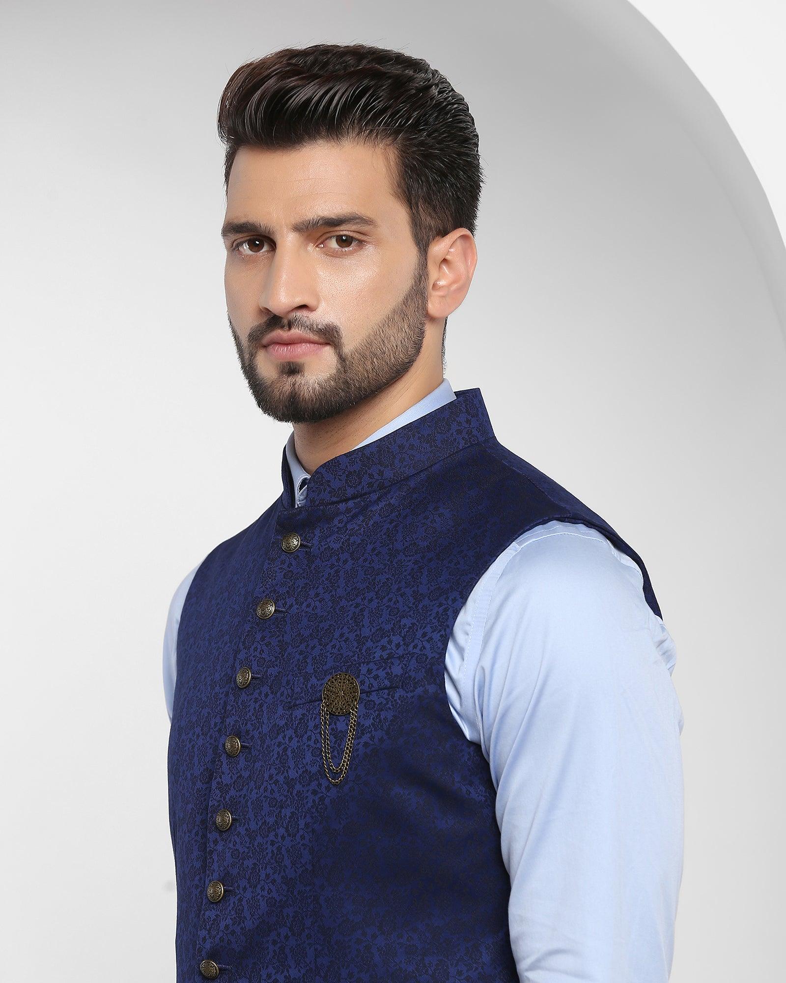 Bandhgala Formal Navy Jacquard Waistcoat - Jacqlin - Image 4