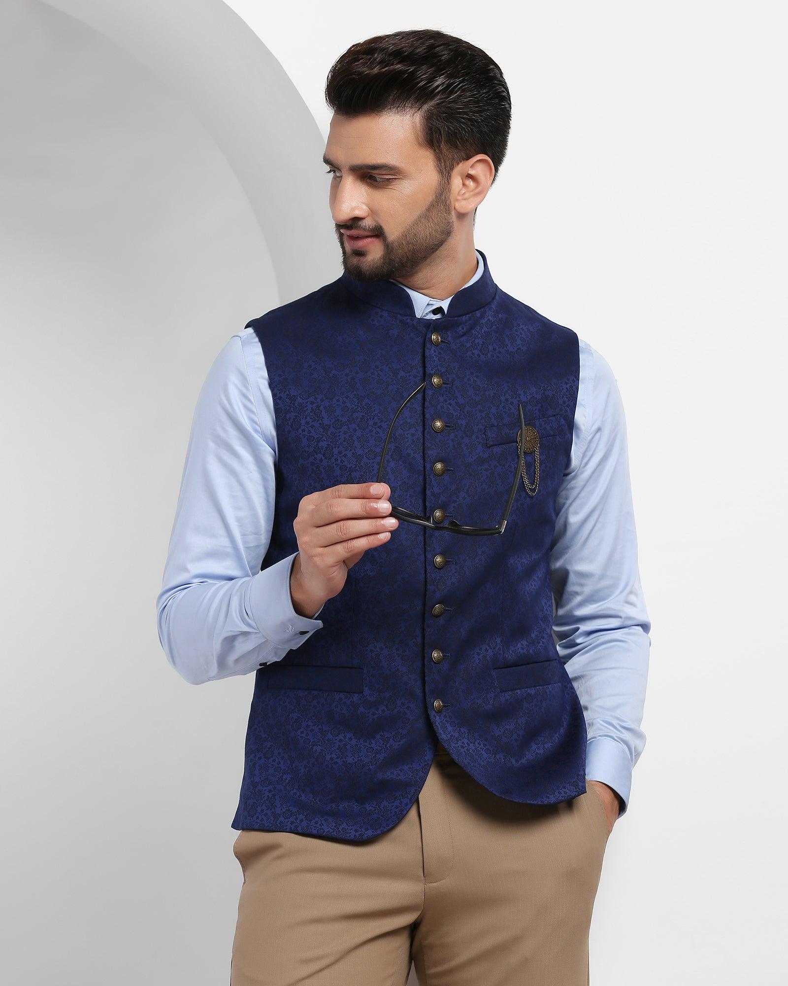 Bandhgala Formal Navy Jacquard Waistcoat - Jacqlin - Image 5