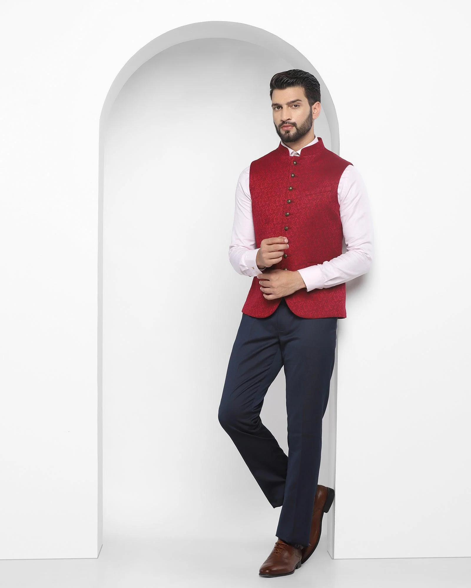 Bandhgala Formal Wine Jacquard Waistcoat - Jacqlin - Image 3