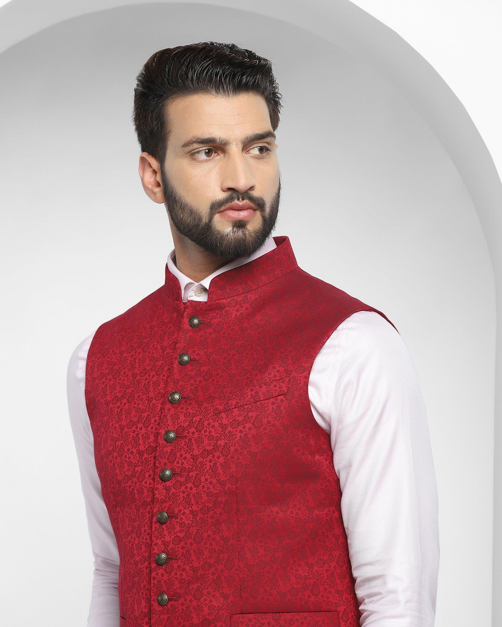 Bandhgala Formal Wine Jacquard Waistcoat - Jacqlin - Image 4