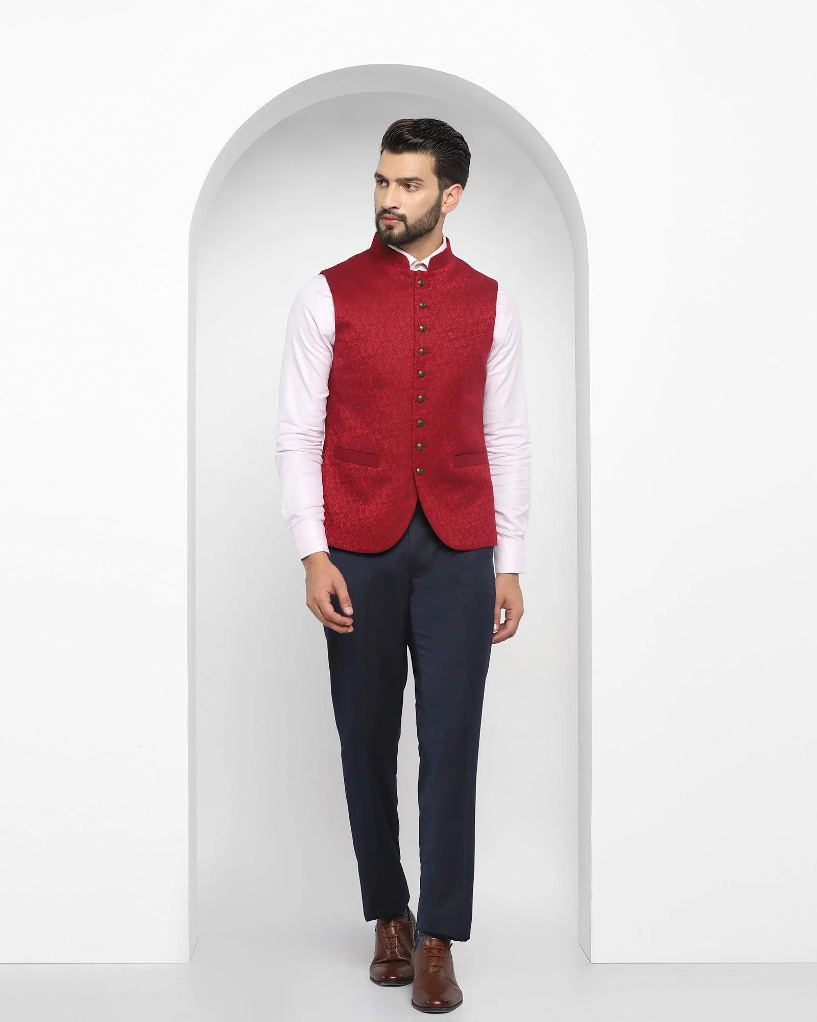 Bandhgala Formal Wine Jacquard Waistcoat - Jacqlin - Image 5