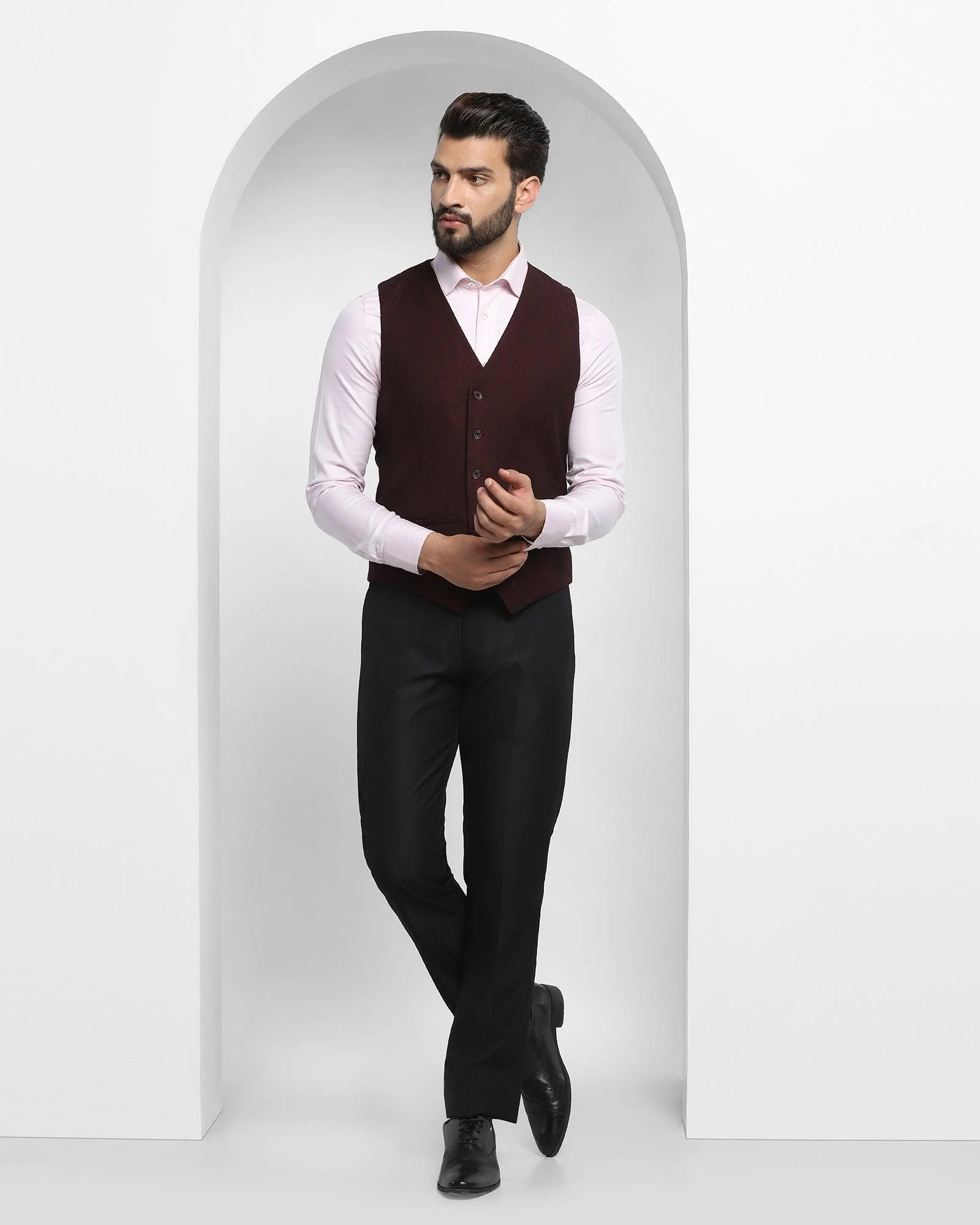 V-Neck Formal Wine Jacquard Waistcoat - Brino - Image 3