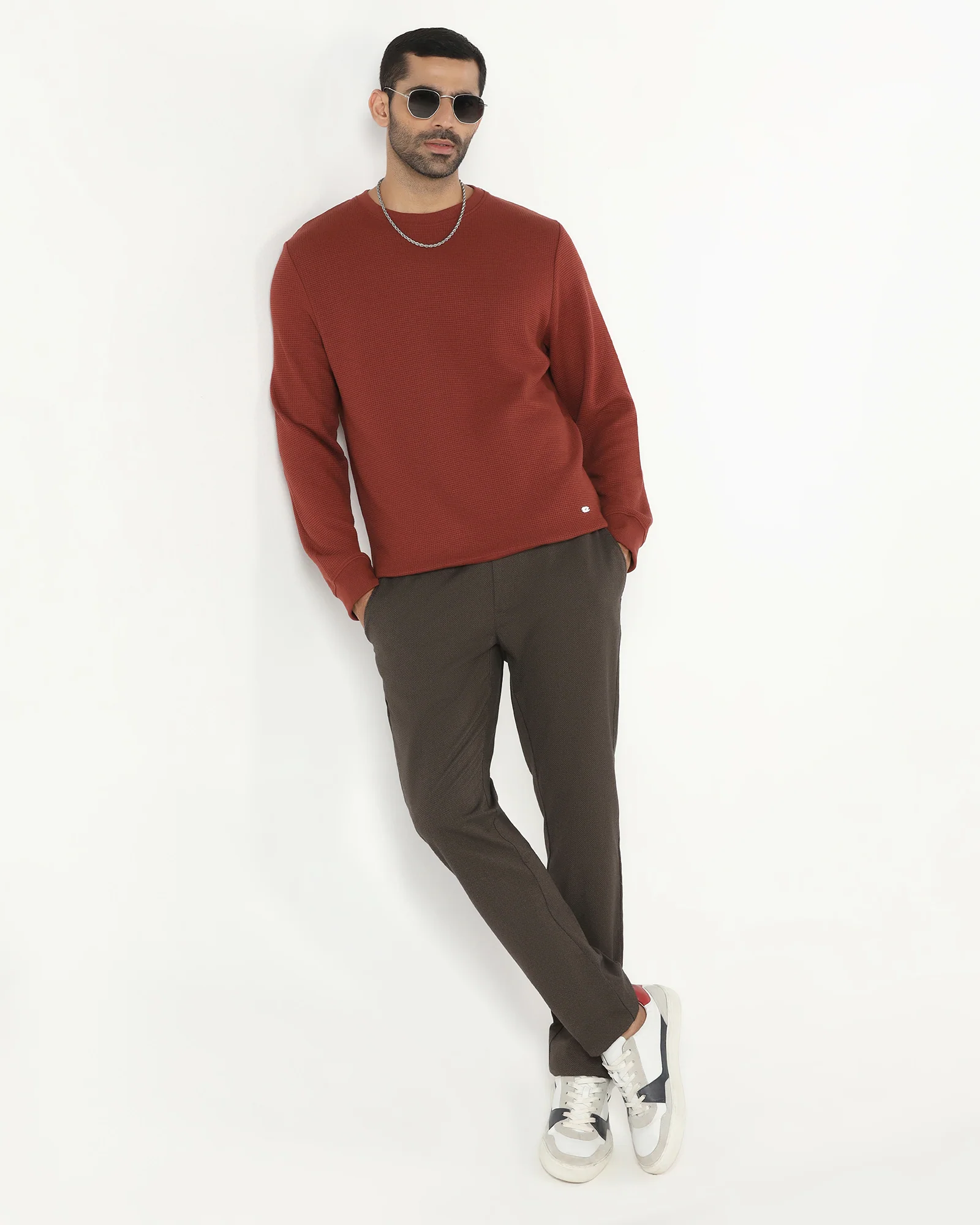 Rust Crew Neck Textured Sweatshirt - Pan - Image 5
