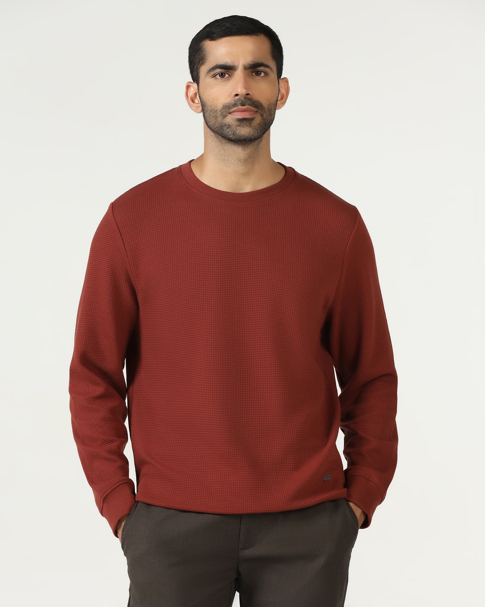 Rust Crew Neck Textured Sweatshirt - Pan - Image 6