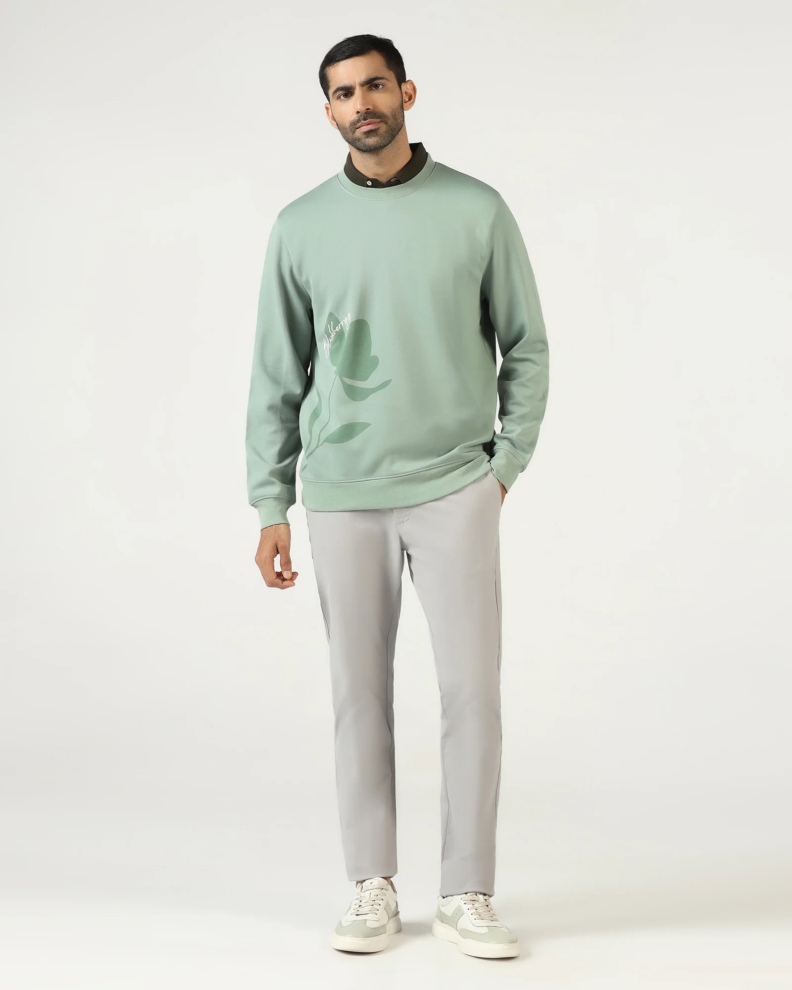 Sage Green Crew Neck Solid Sweatshirt - Eve - Image 3