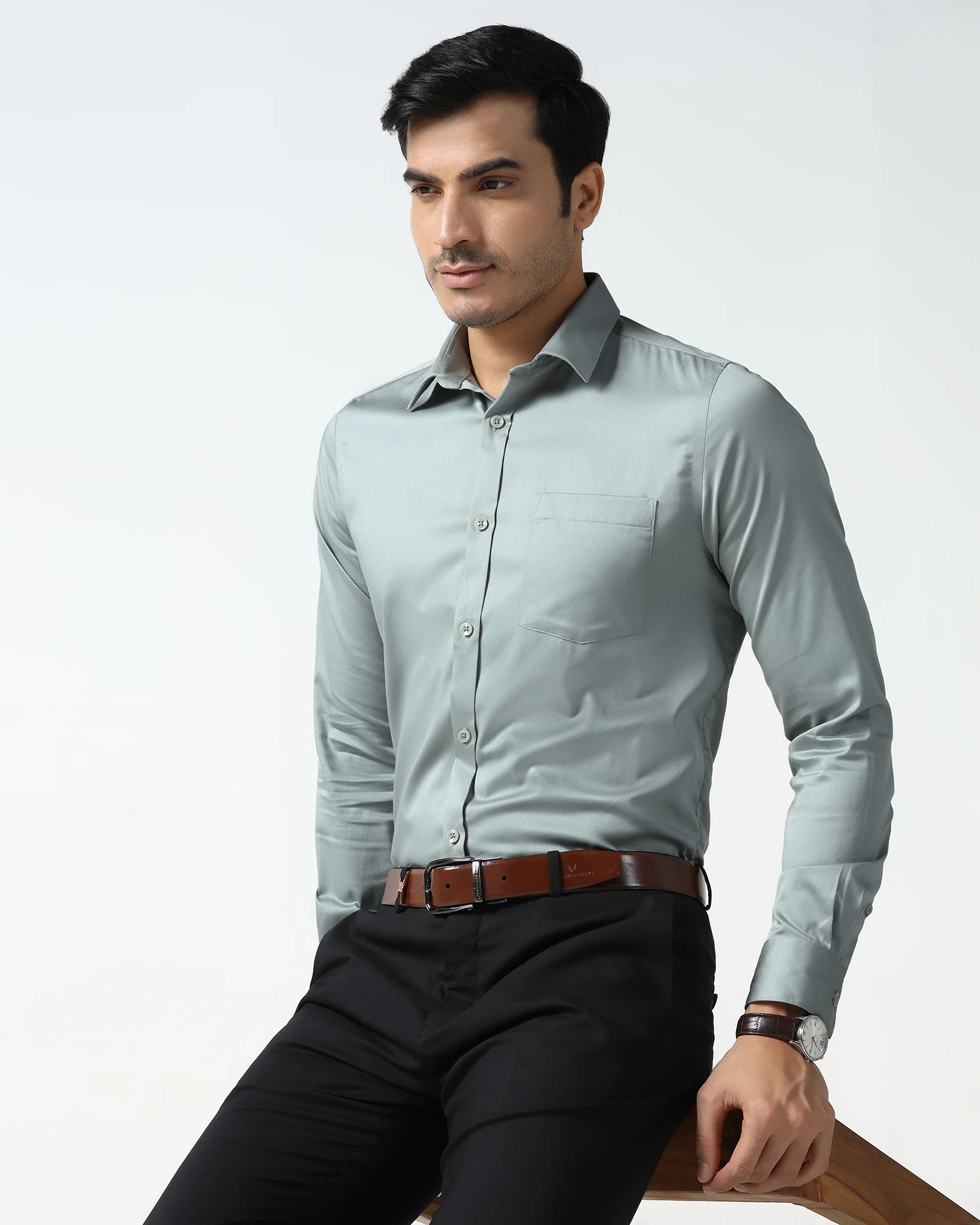 Sage Green Unwrinkle Solid Shirt - Liviya