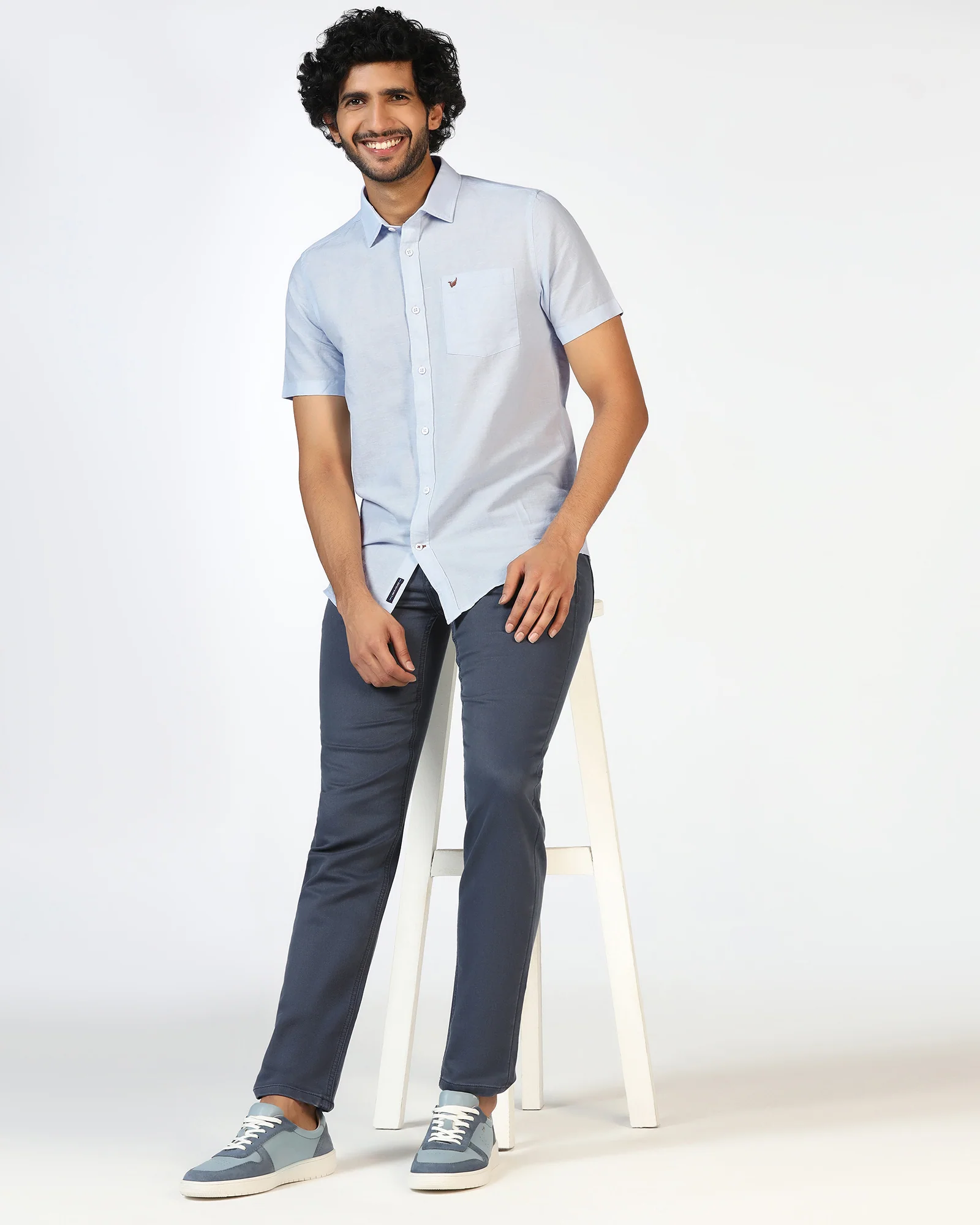 Sky Blue Half Sleeve Linen Solid Shirt - Salmon - Image 7