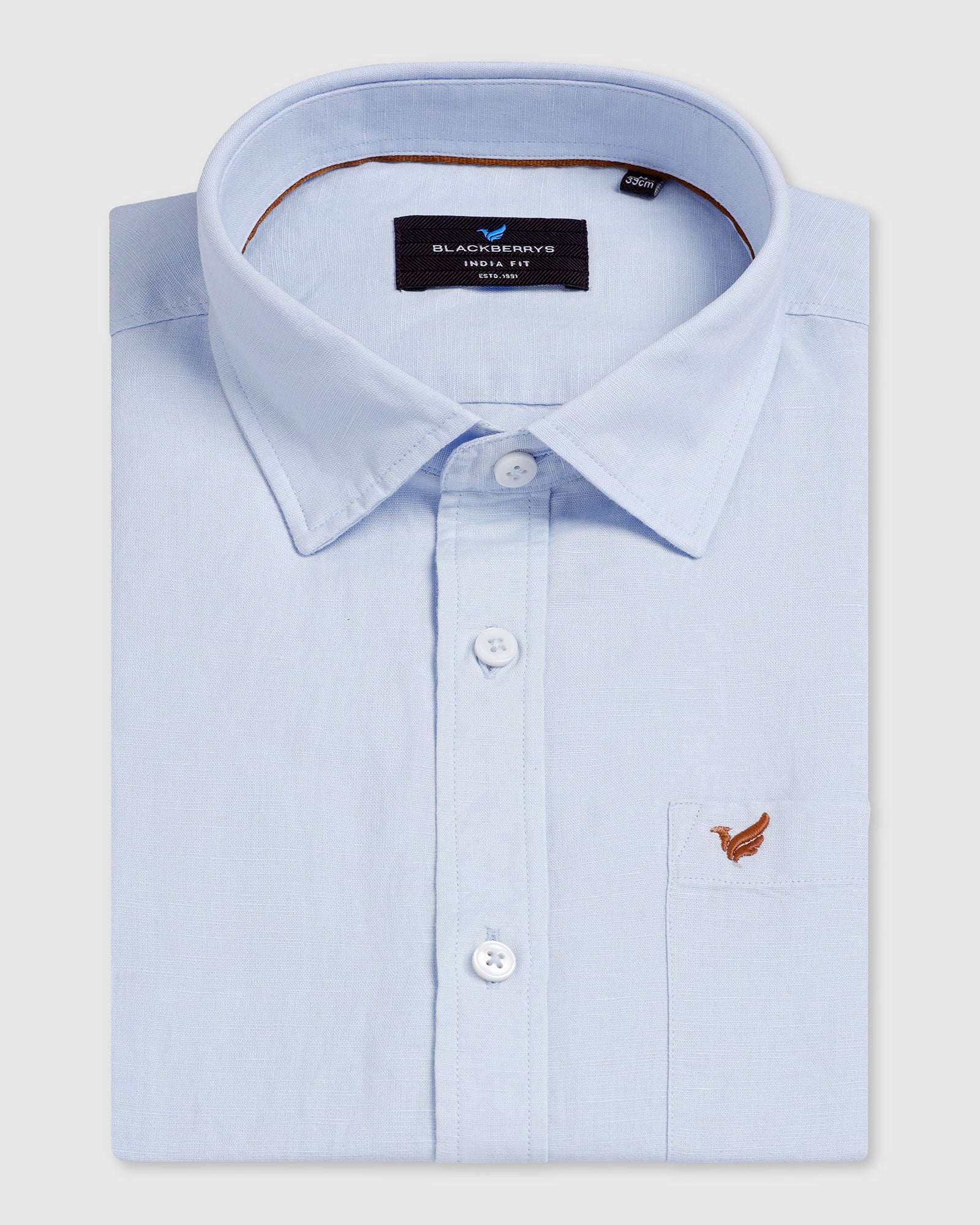 Sky Blue Linen Solid Shirt - Salmon - Image 5