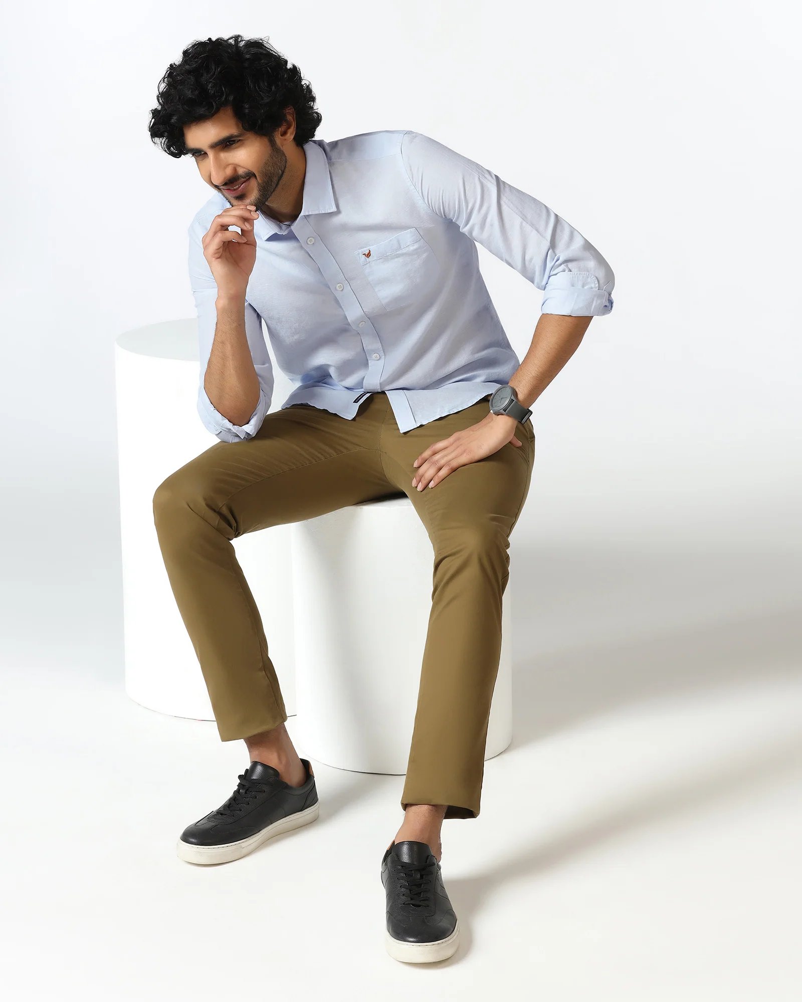 Sky Blue Linen Solid Shirt - Salmon - Image 7